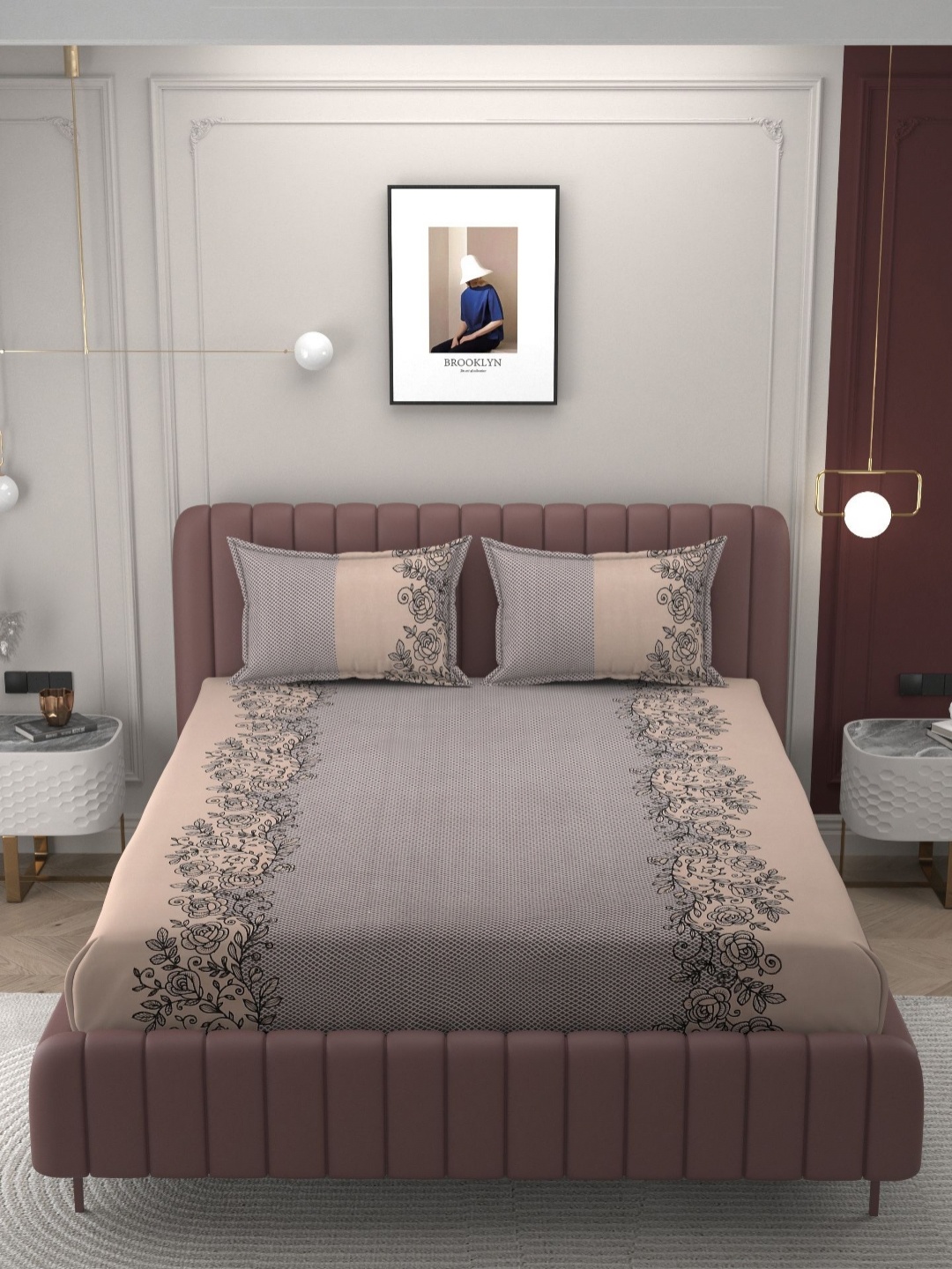 

BELVOSTUM Beige & Black Floral 250 TC Queen Bedsheet with 2 Pillow Covers