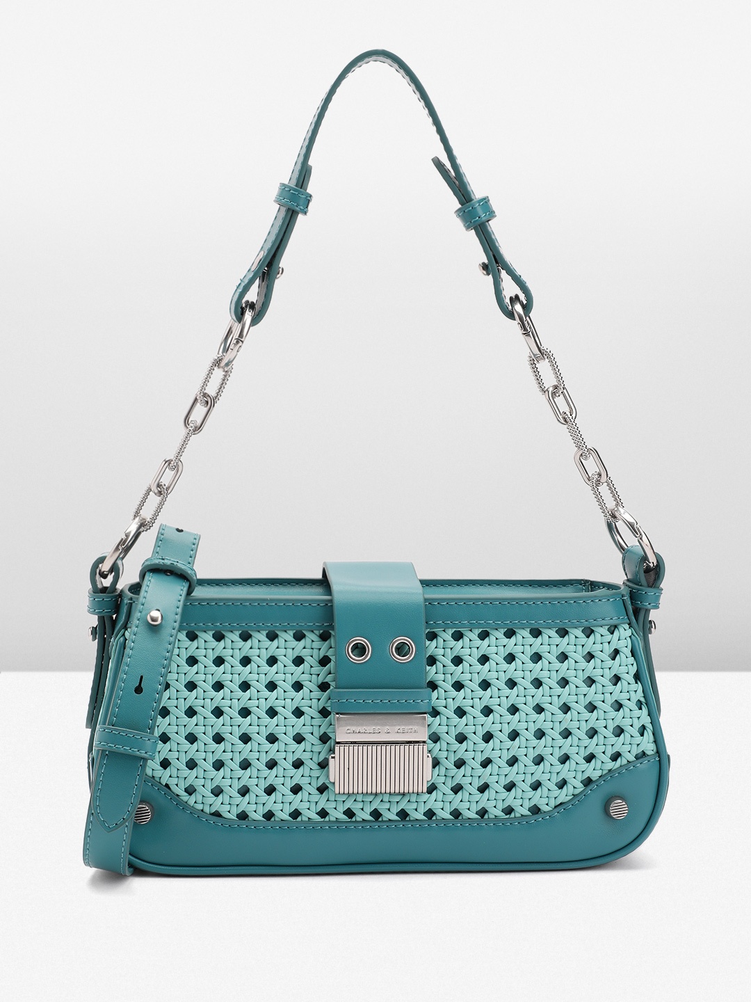 

CHARLES & KEITH Structured Shoulder Bag with Cut Work, Turquoise blue