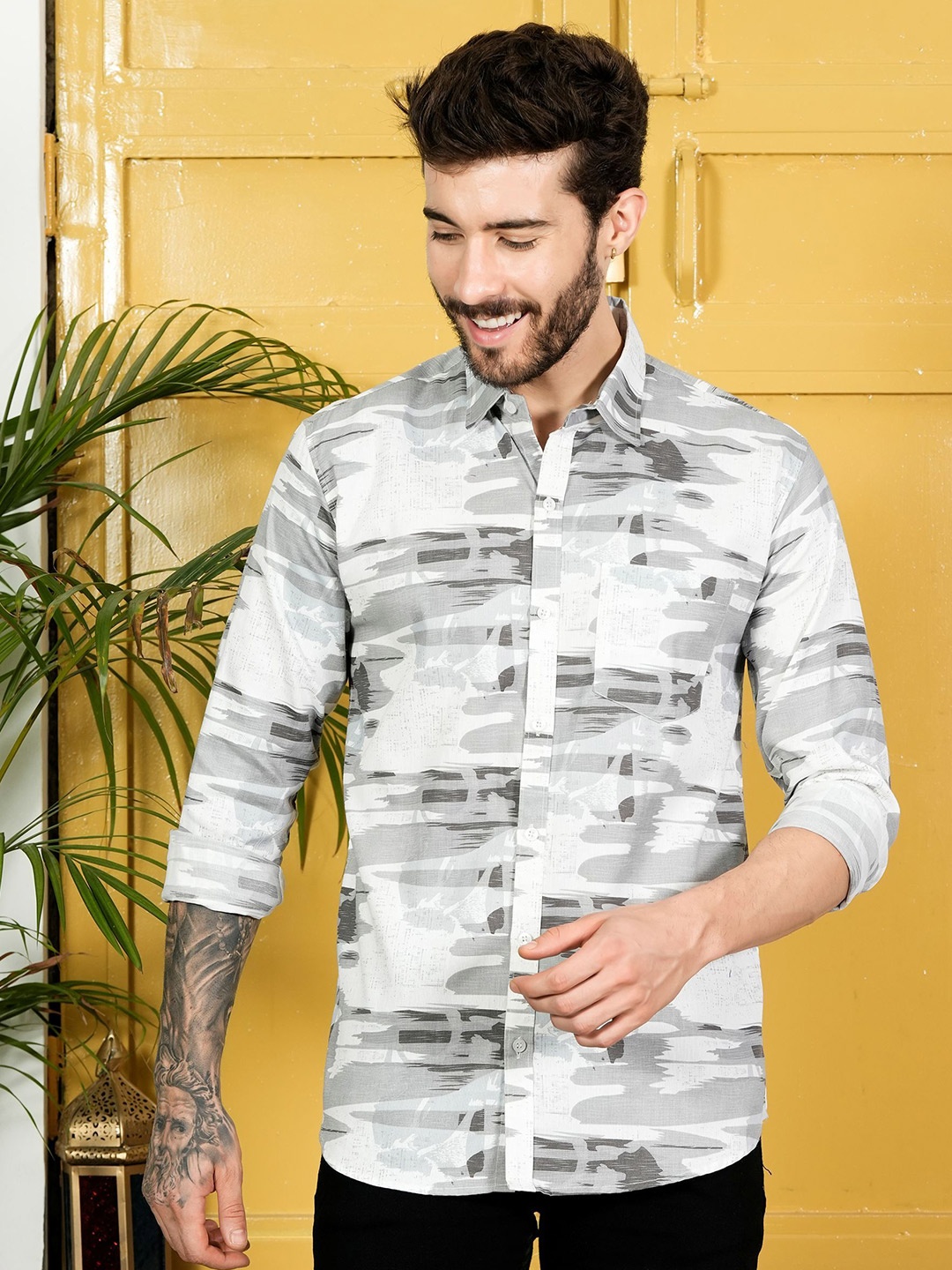 

Tanip Men Comfort Polka Dot Sheer Printed Casual Shirt, Beige