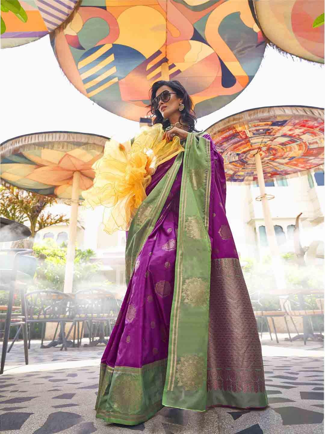 

Mitera Woven Design Zari Silk Blend Saree, Purple