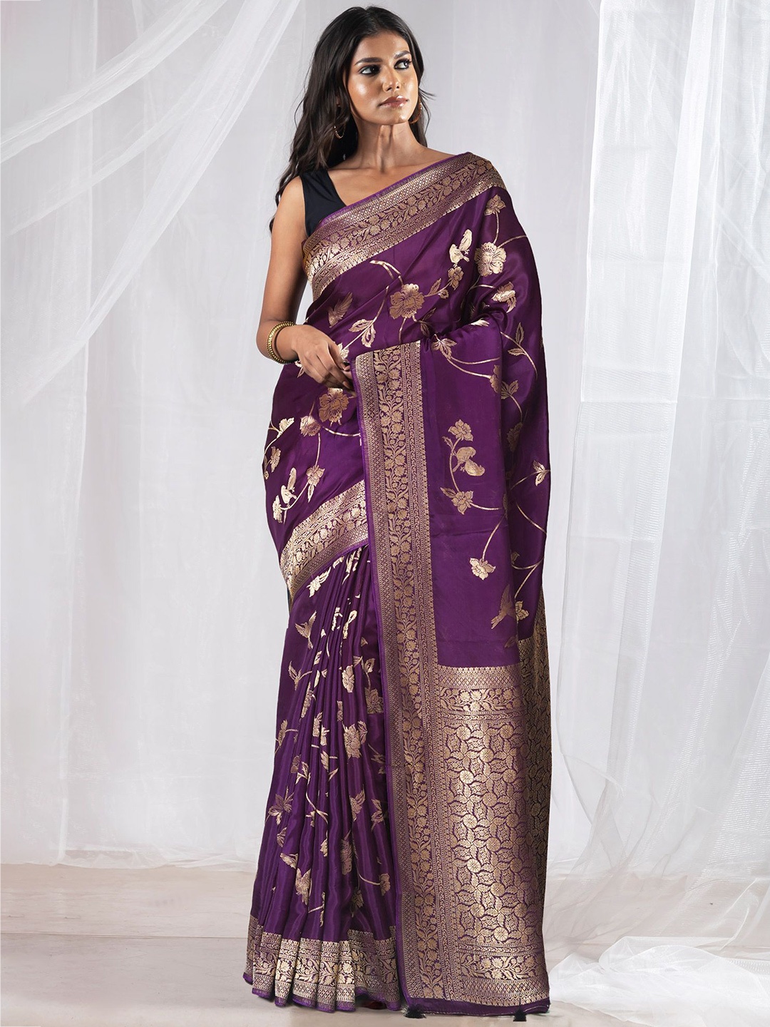 

Unnati Silks Woven Design Zari Pure Silk Banarasi Saree, Violet
