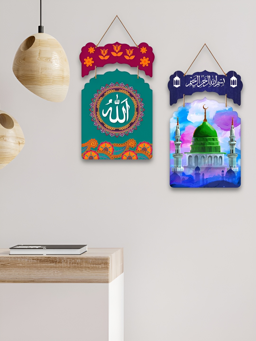 

ArtVibes Green & Blue Set Of 2 Printed Wooden Wall Hanging