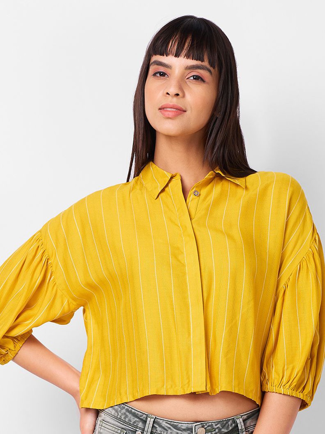 

IZEL Women Boxy Striped Casual Shirt, Mustard