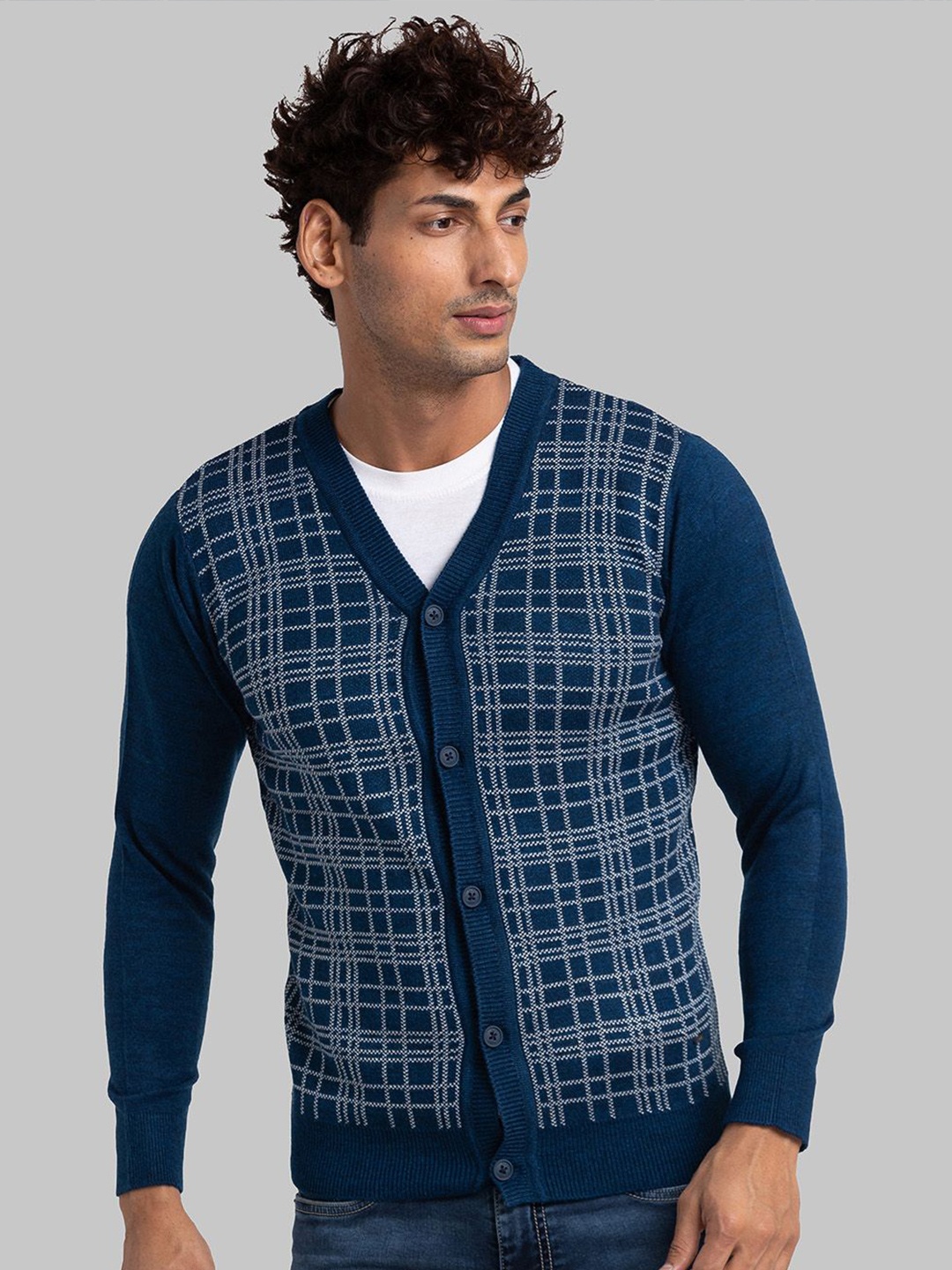 

Parx Men Checked Cardigan, Blue