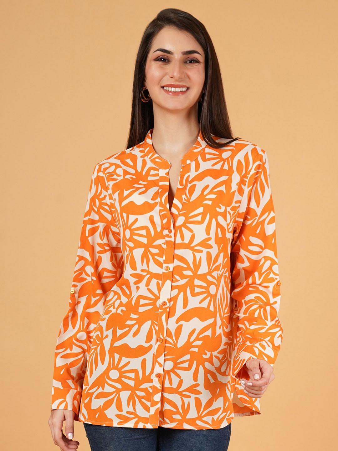 

IX IMPRESSION Print Mandarin Collar Cotton Top, Orange