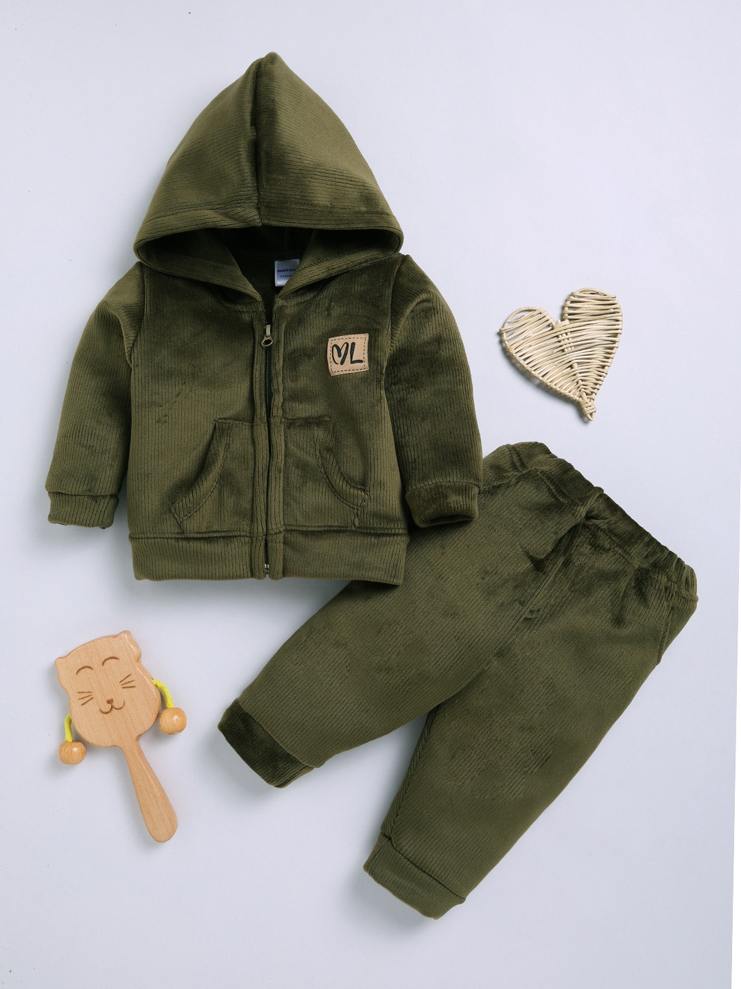 

Moms Love Infant Boys Ribbed Velvet-Finish Pure Cotton Hooded Sweatshirt With Joggers, Olive