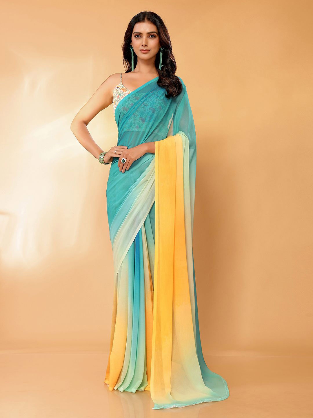 

KALINI Ombre Poly Georgette Saree, Green