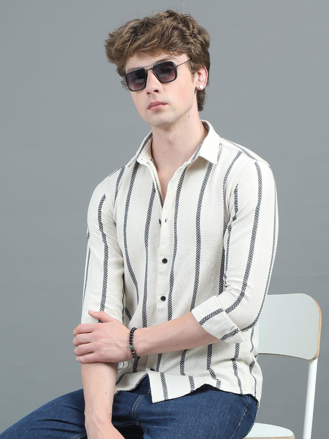 

PAUL STREET Men Modern Tailored Fit Opaque Striped Casual Shirt, Beige