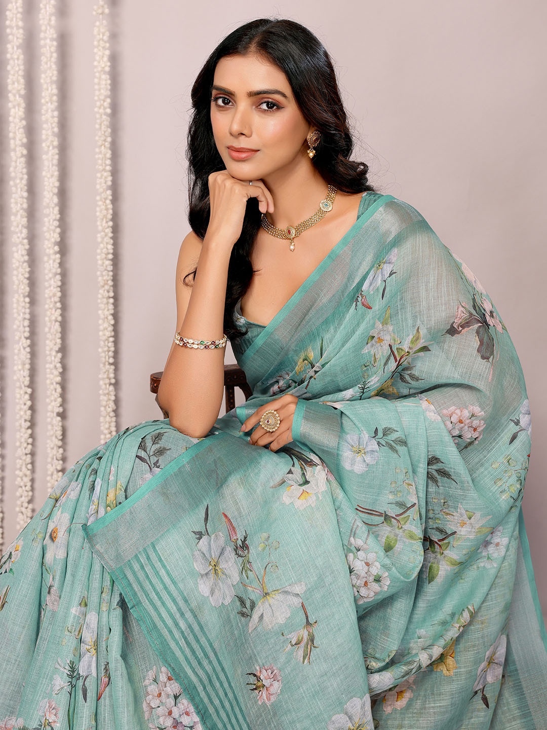 

KALINI Sage Green Linen Blend Floral Printed Daily Wear Saree with Blouse Piece