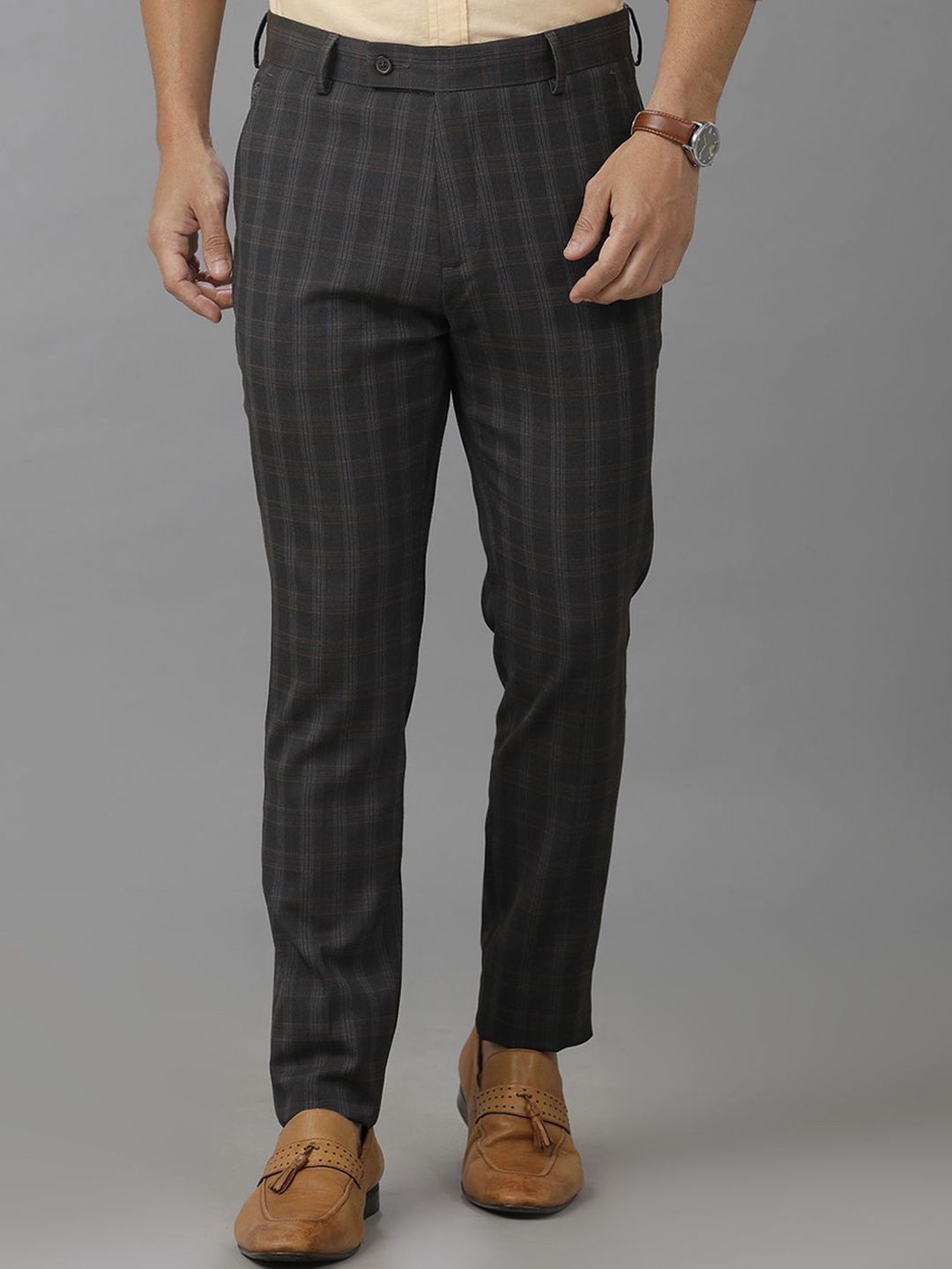 

Double Two Men Checked Slim Fit Trousers, Brown