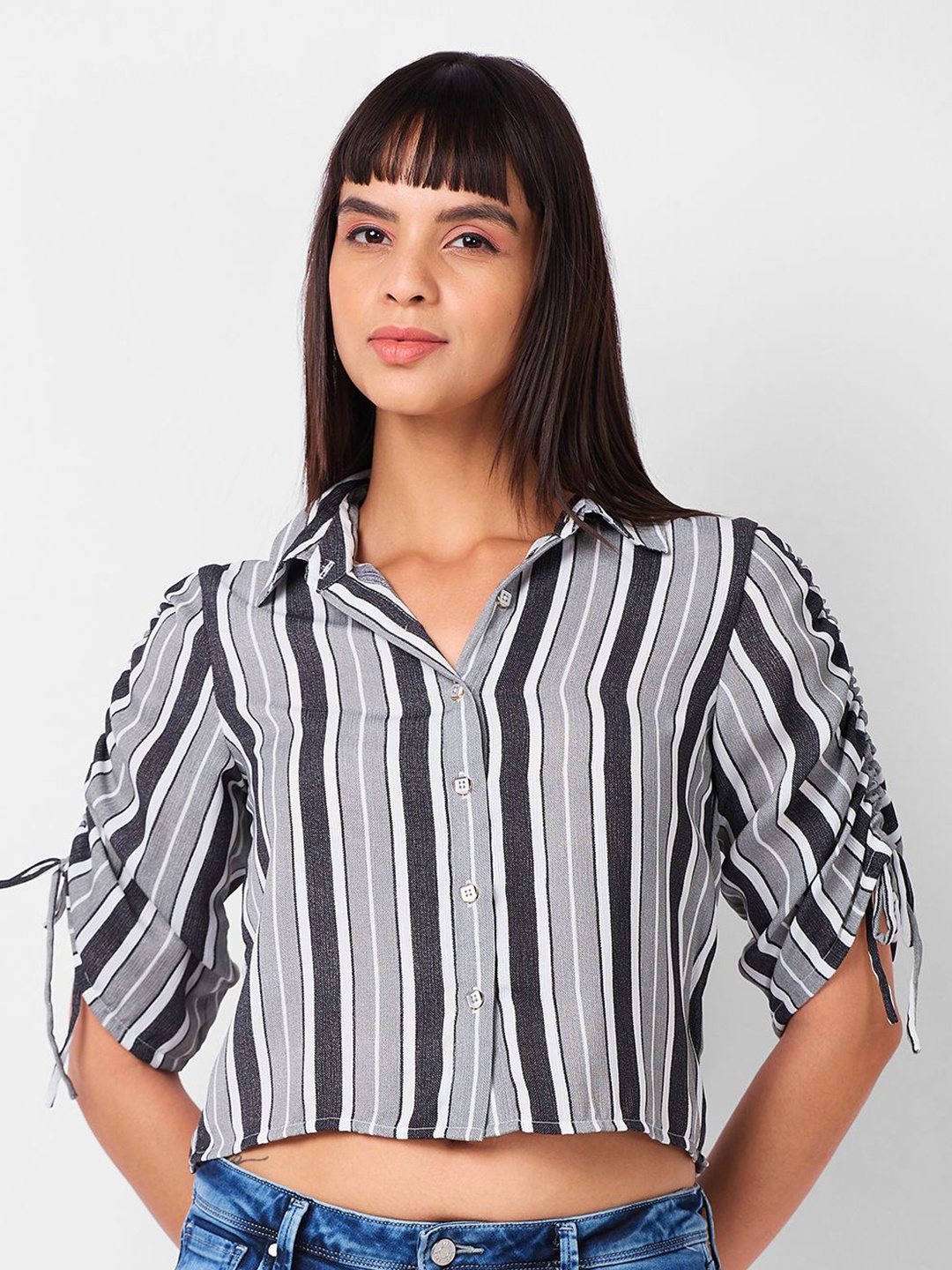 

IZEL Women Opaque Vertical Striped Casual Shirt, Grey
