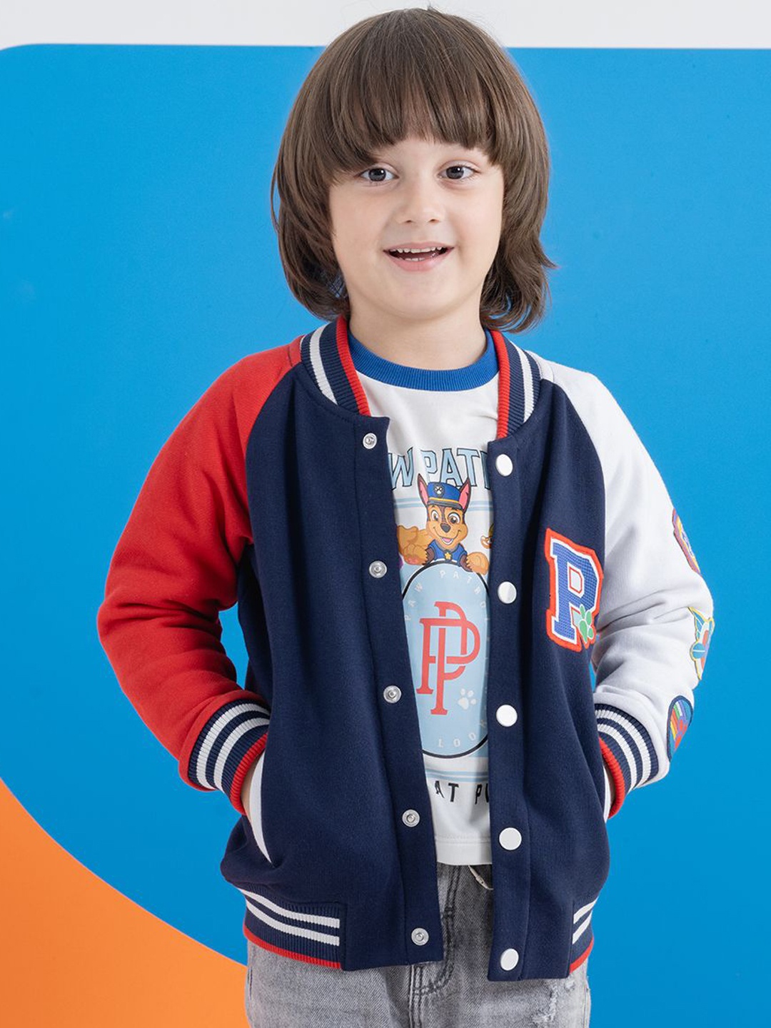 

SPUNKIES Unisex Kids Colourblocked Patchwork Bomber Jacket, Navy blue