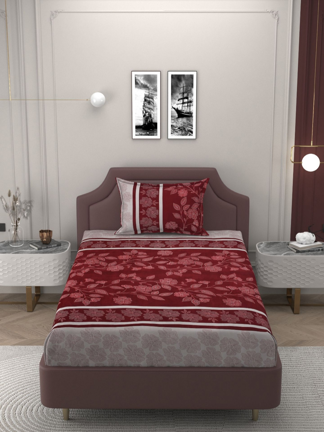 

BELVOSTUM Maroon & Pink Floral 210 TC Single Bedsheet with 1 Pillow Covers