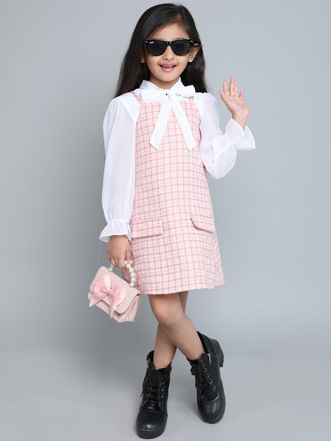 

taffykids Checked Knee Length Dungaree Dress, Pink