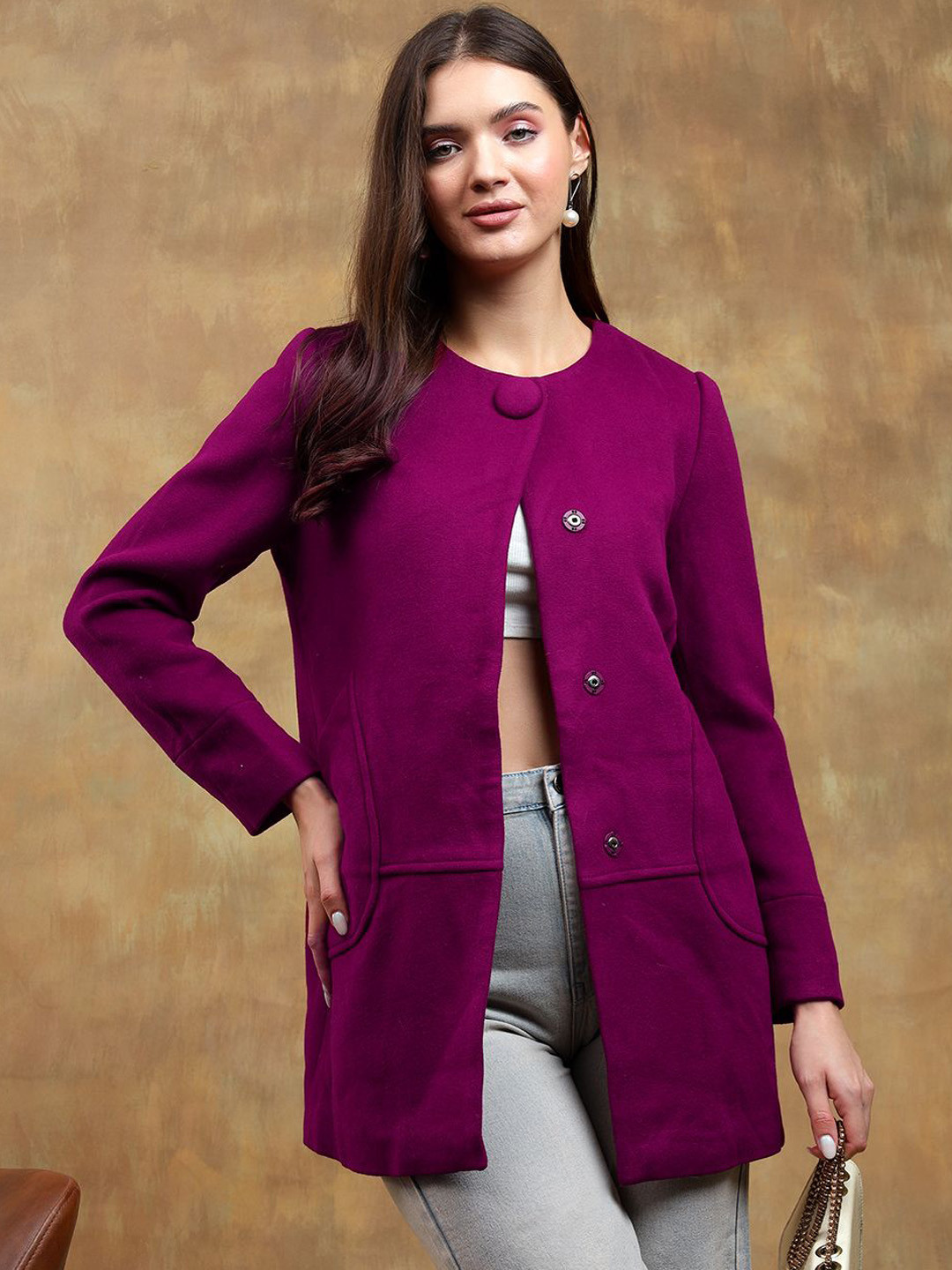 

Stylecast X Kotty Women Round Neck Single-Breasted Overcoat, Purple