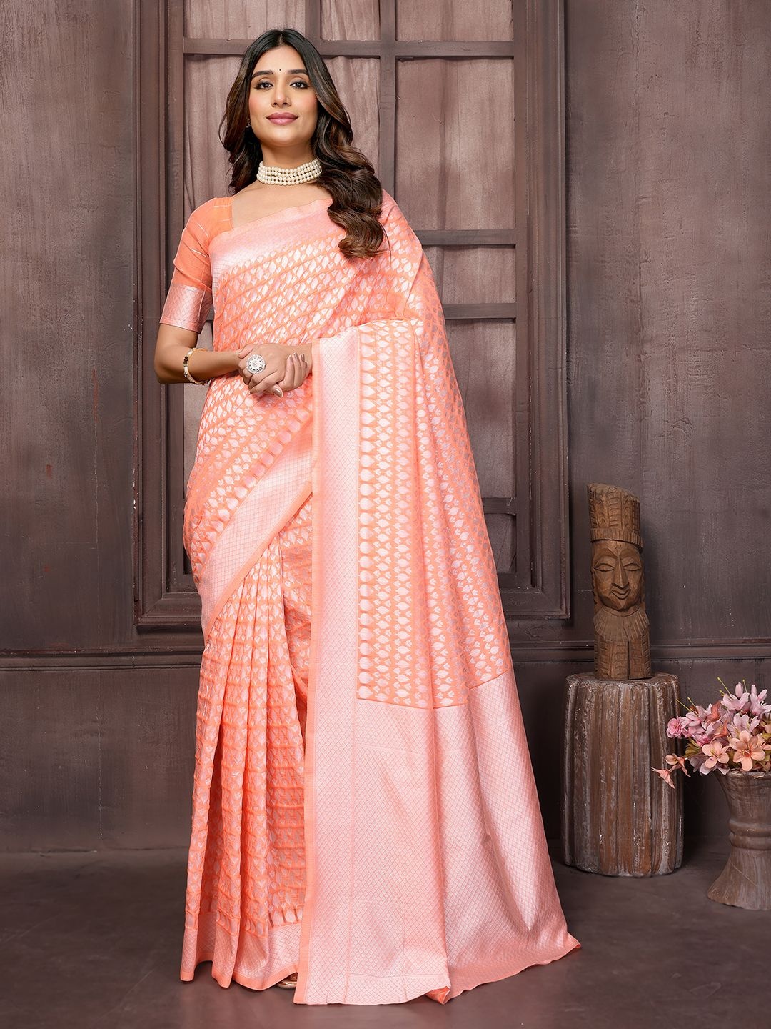 

KALINI Woven Design Zari Saree, Peach