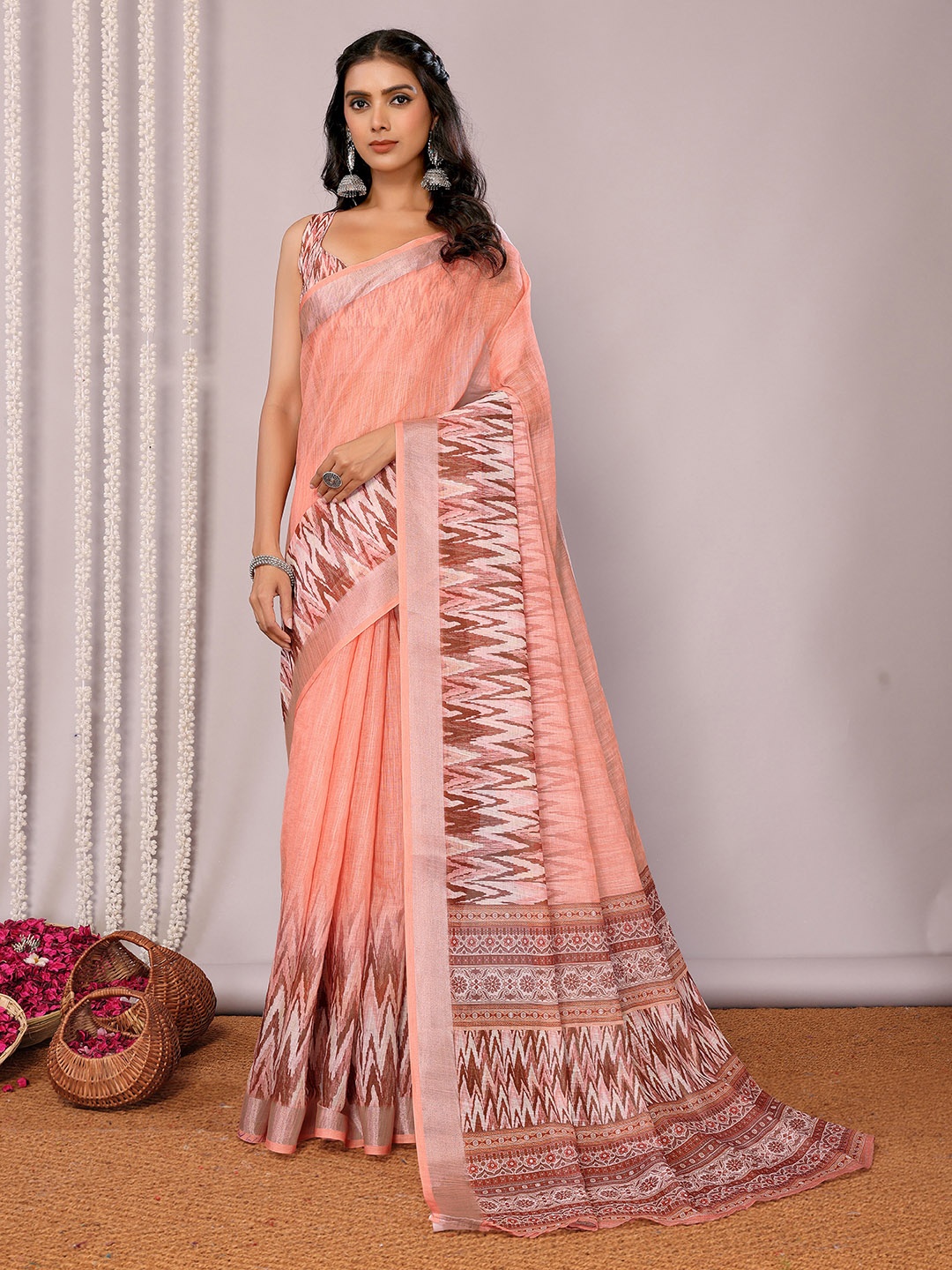 

KALINI Peach Linen Blend Ikkat Printed Ikkat Saree with Blouse Piece