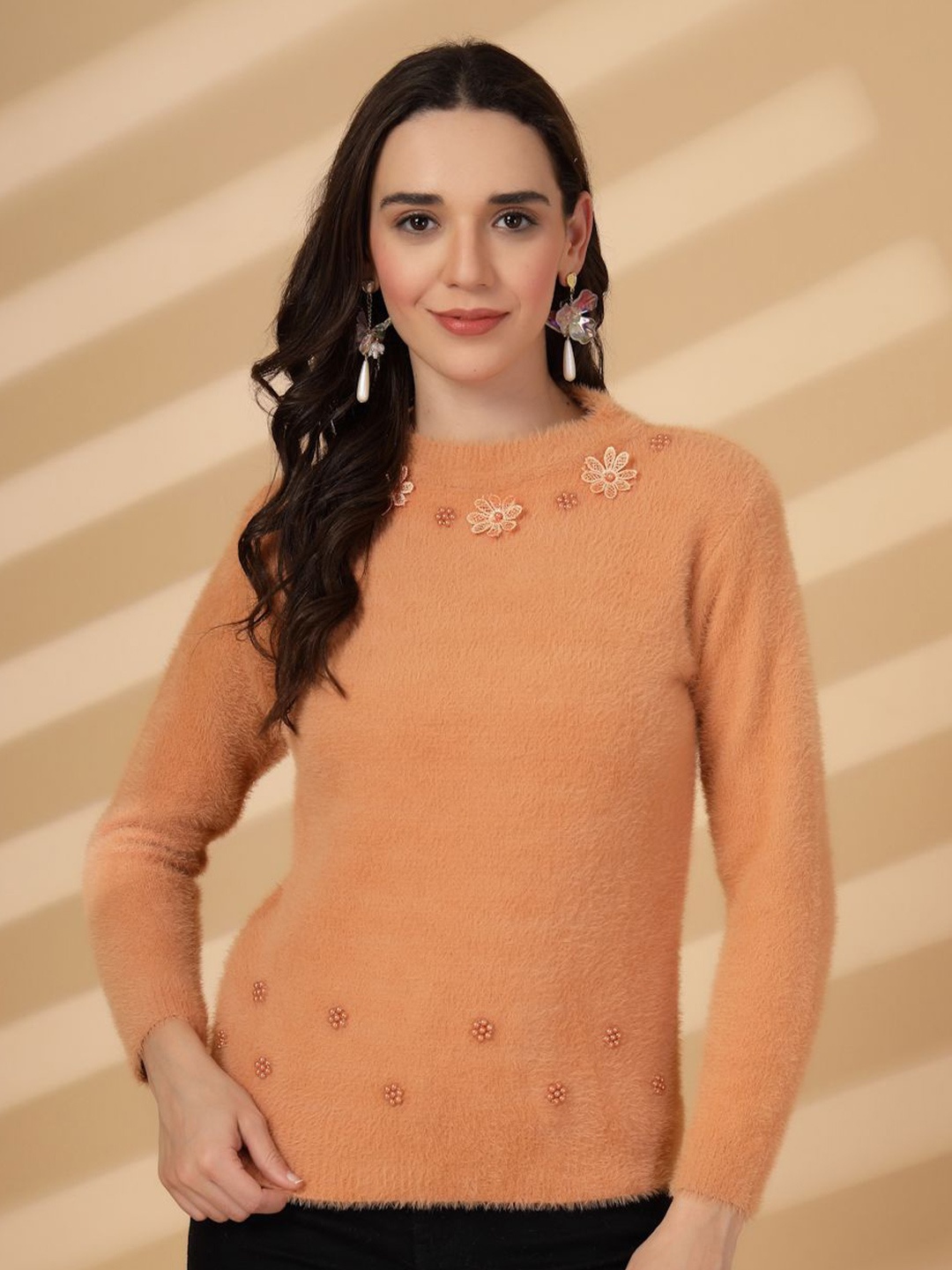 

Clora Creation Women Embroidered Woollen Pullover with Embellished Detail, Rust