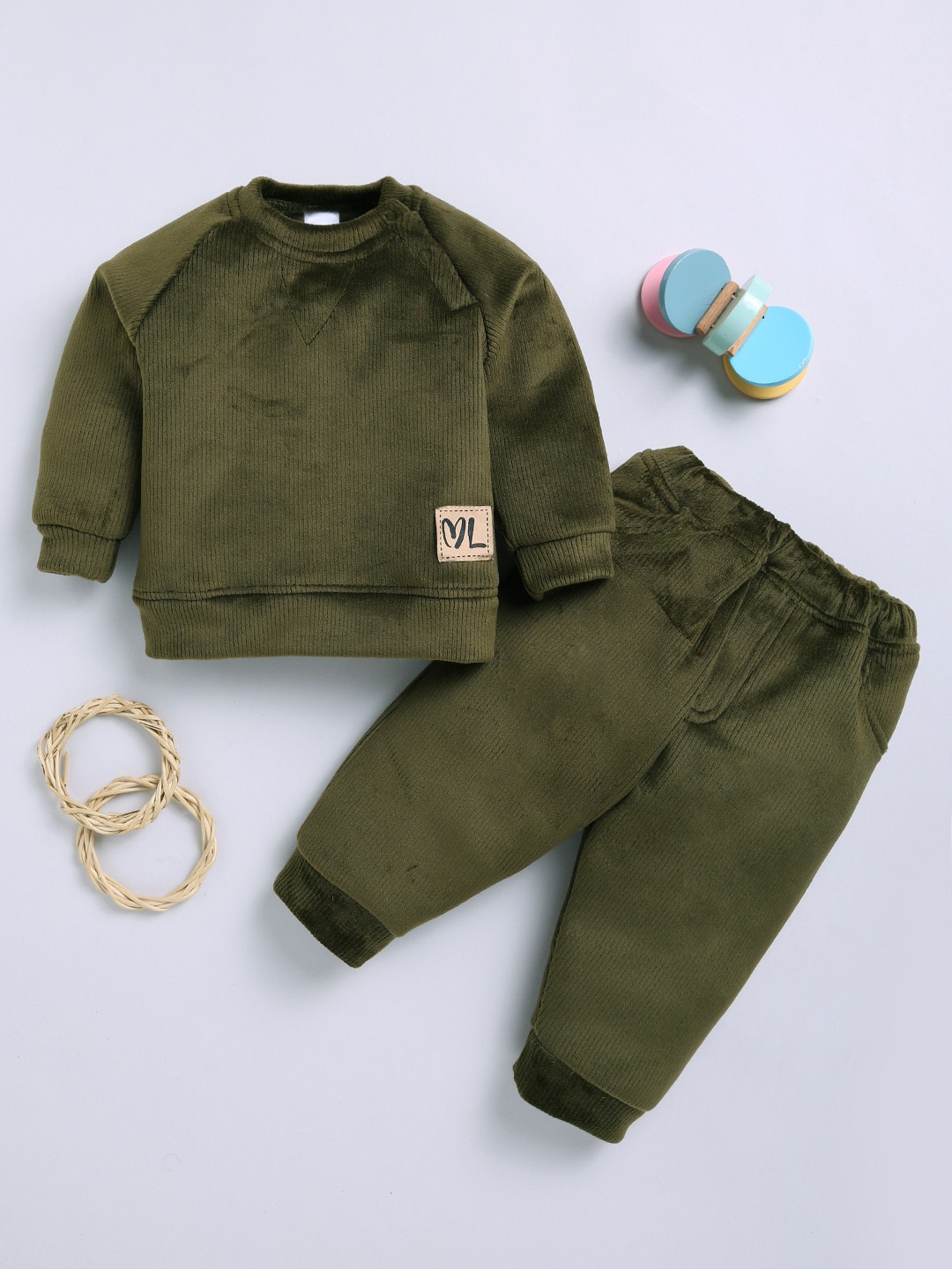 

Moms Love Infant Boys Ribbed Velvet-Finish Pure Cotton Sweatshirt With Joggers, Olive