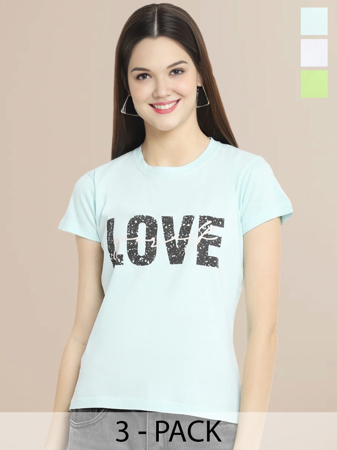 

Metronaut Women Pack Of 3 Typography Printed Round Neck Cotton T-shirts, Green