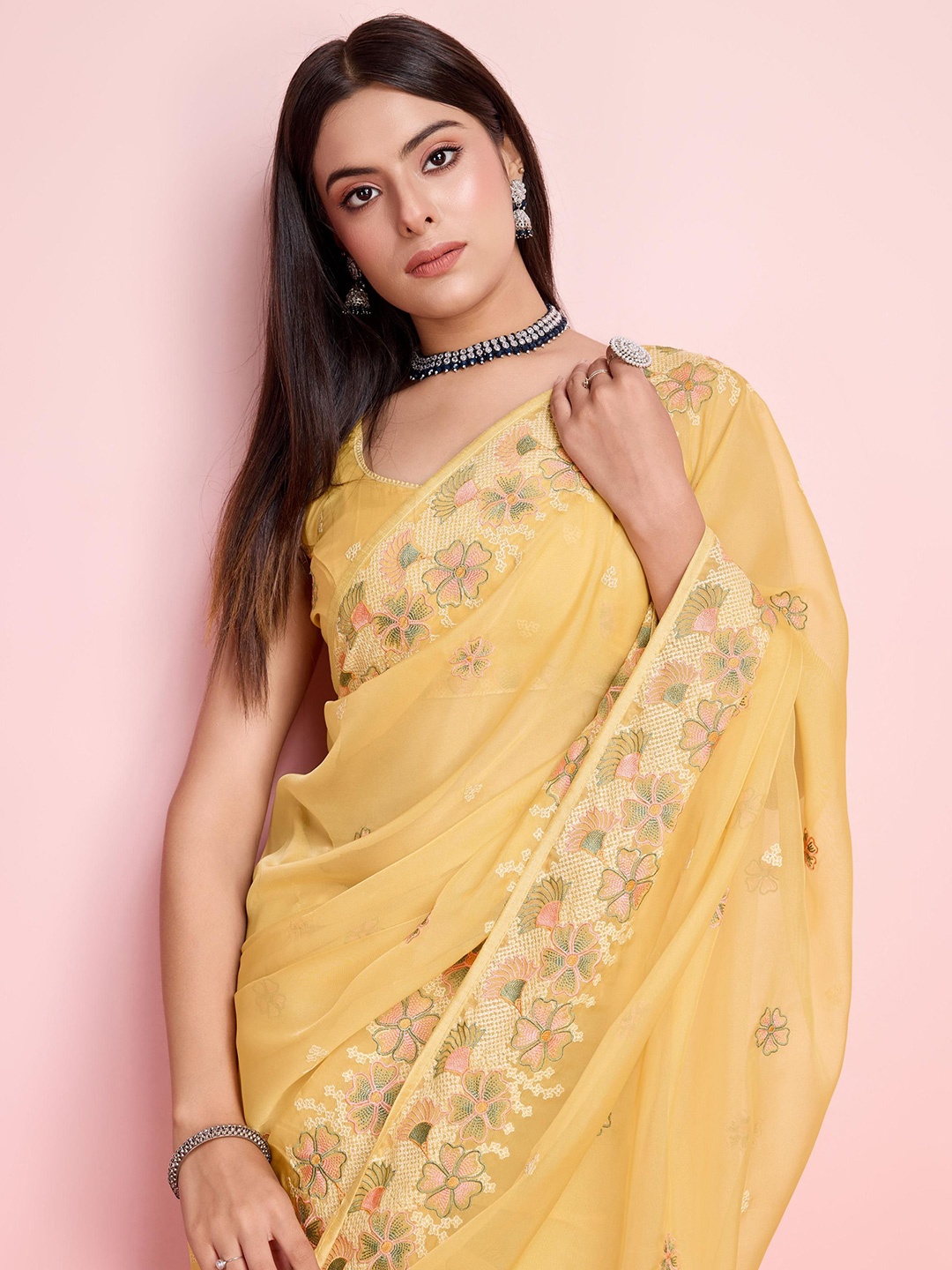 

HERE&NOW Floral Embroidered Ready to Wear Saree, Yellow