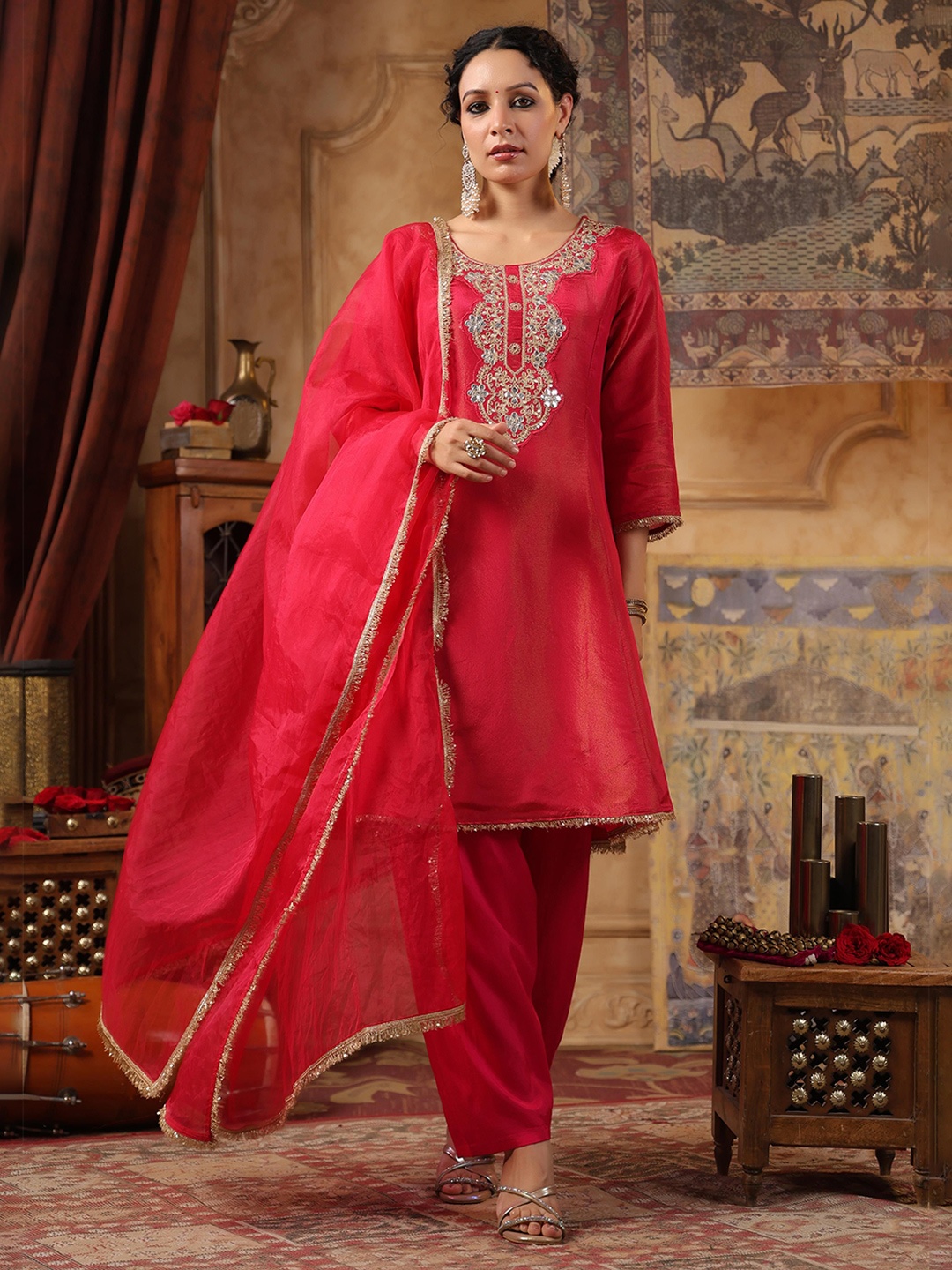 

SCAKHI Women Floral Embroidered Panelled Thread Work Kurta with Salwar & With Dupatta, Fuchsia