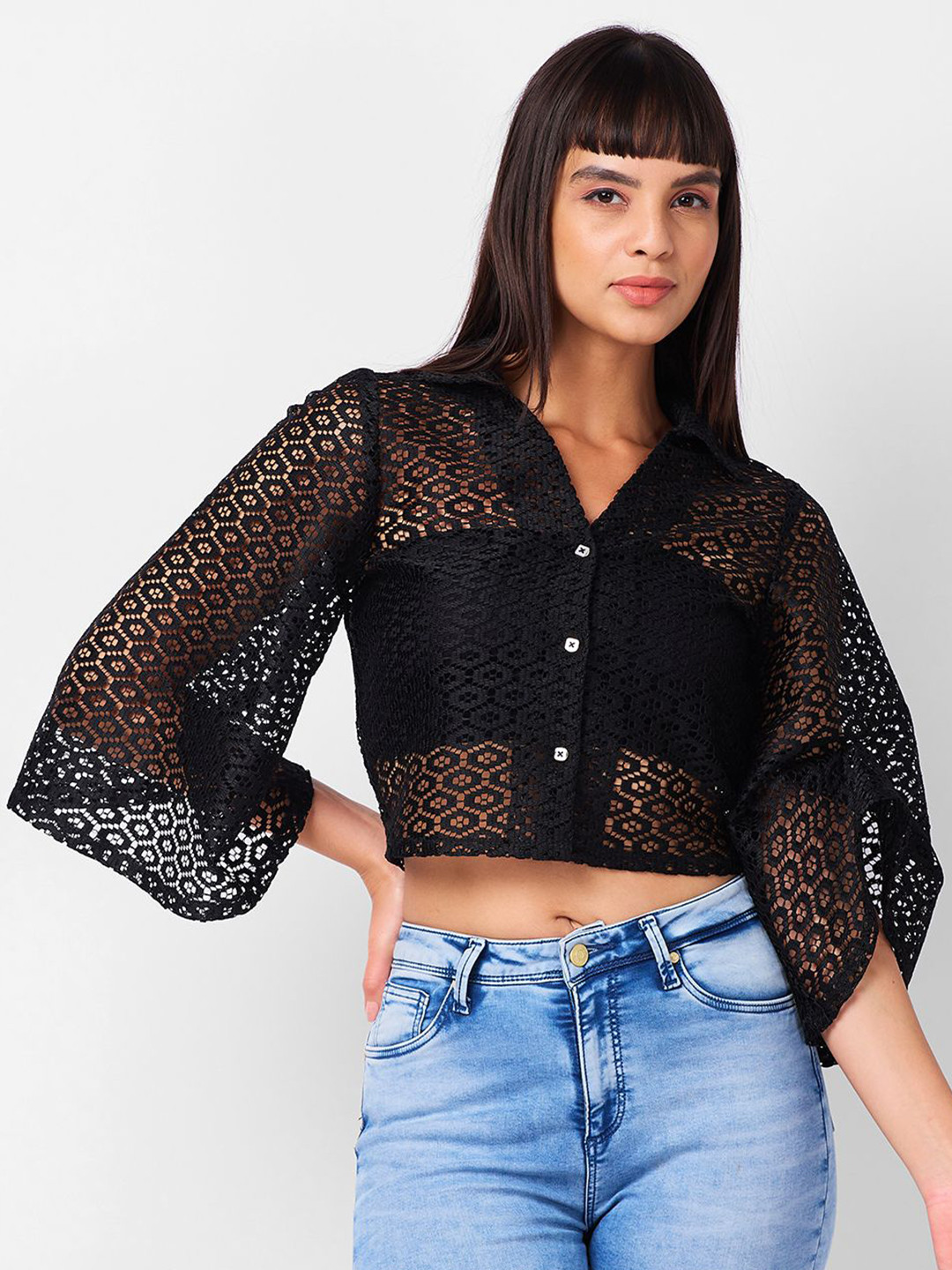 

IZEL Women Slim Fit Self Design Casual Shirt, Black