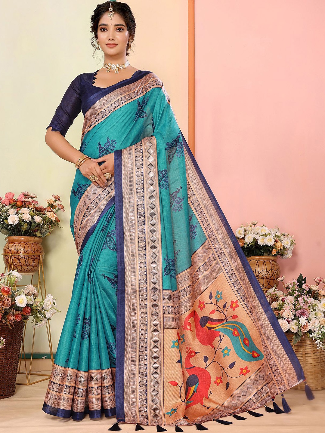 

KALINI Woven Design Zari Art Silk Saree, Green