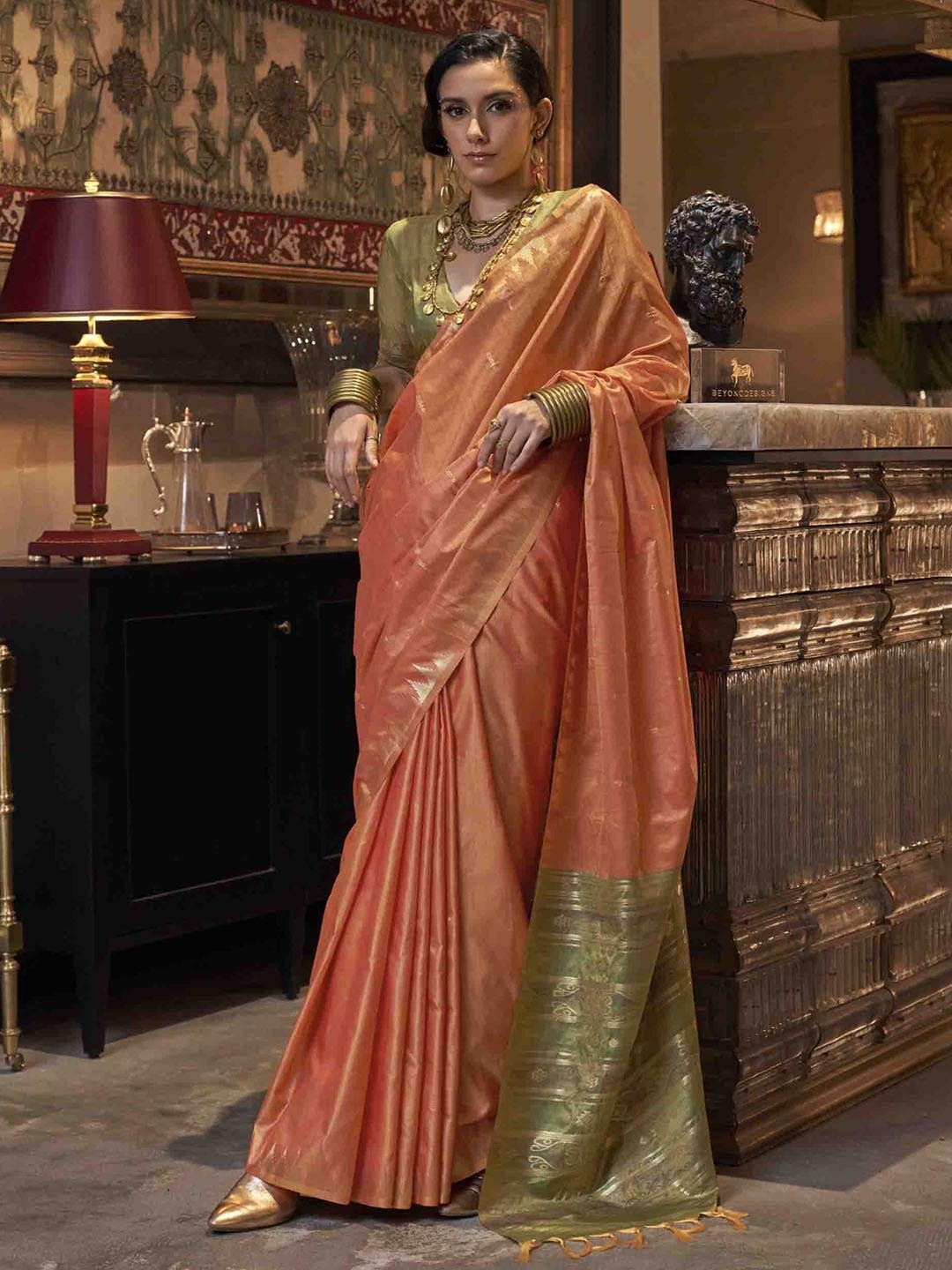 

Mitera Woven Design Zari Silk Blend Tussar Saree, Orange