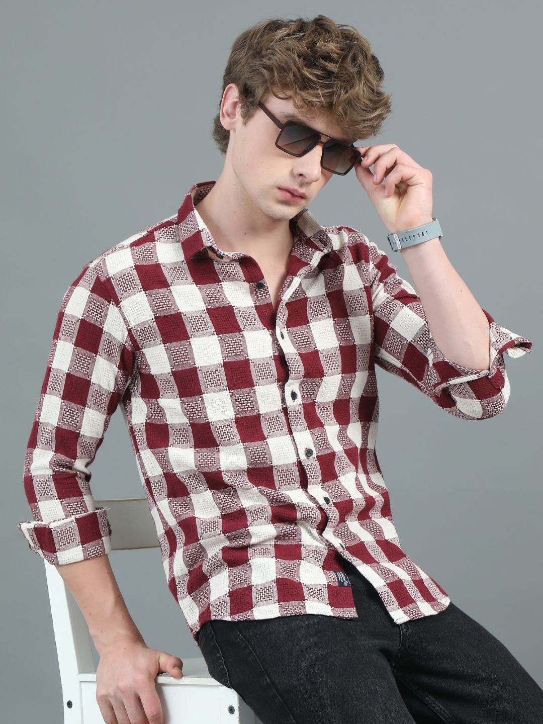 

PAUL STREET Men Modern Tailored Fit Opaque Checked Casual Shirt, Maroon