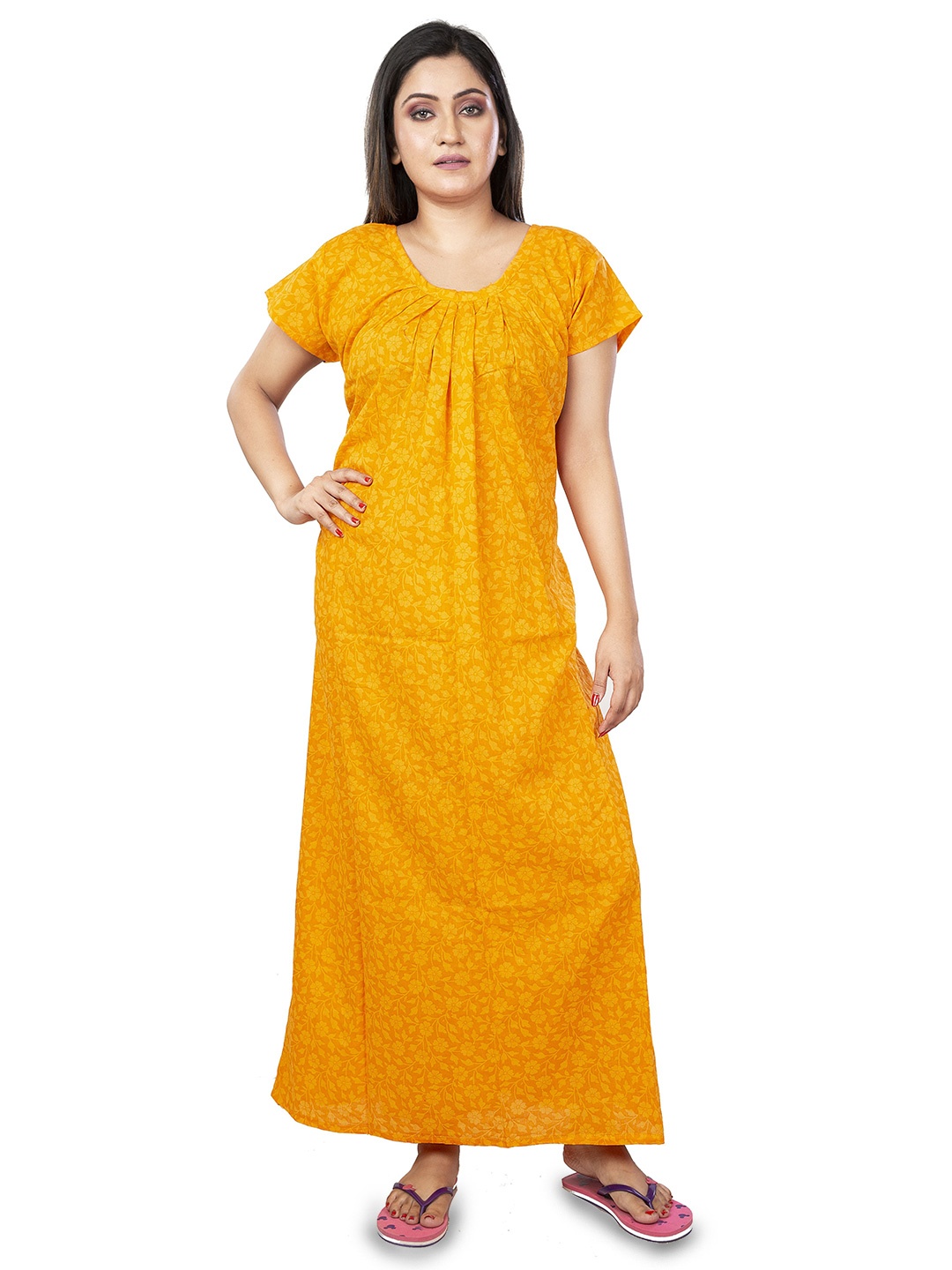 

Laa Calcutta Women Floral Printed Pure Cotton Maxi Nightdress, Yellow