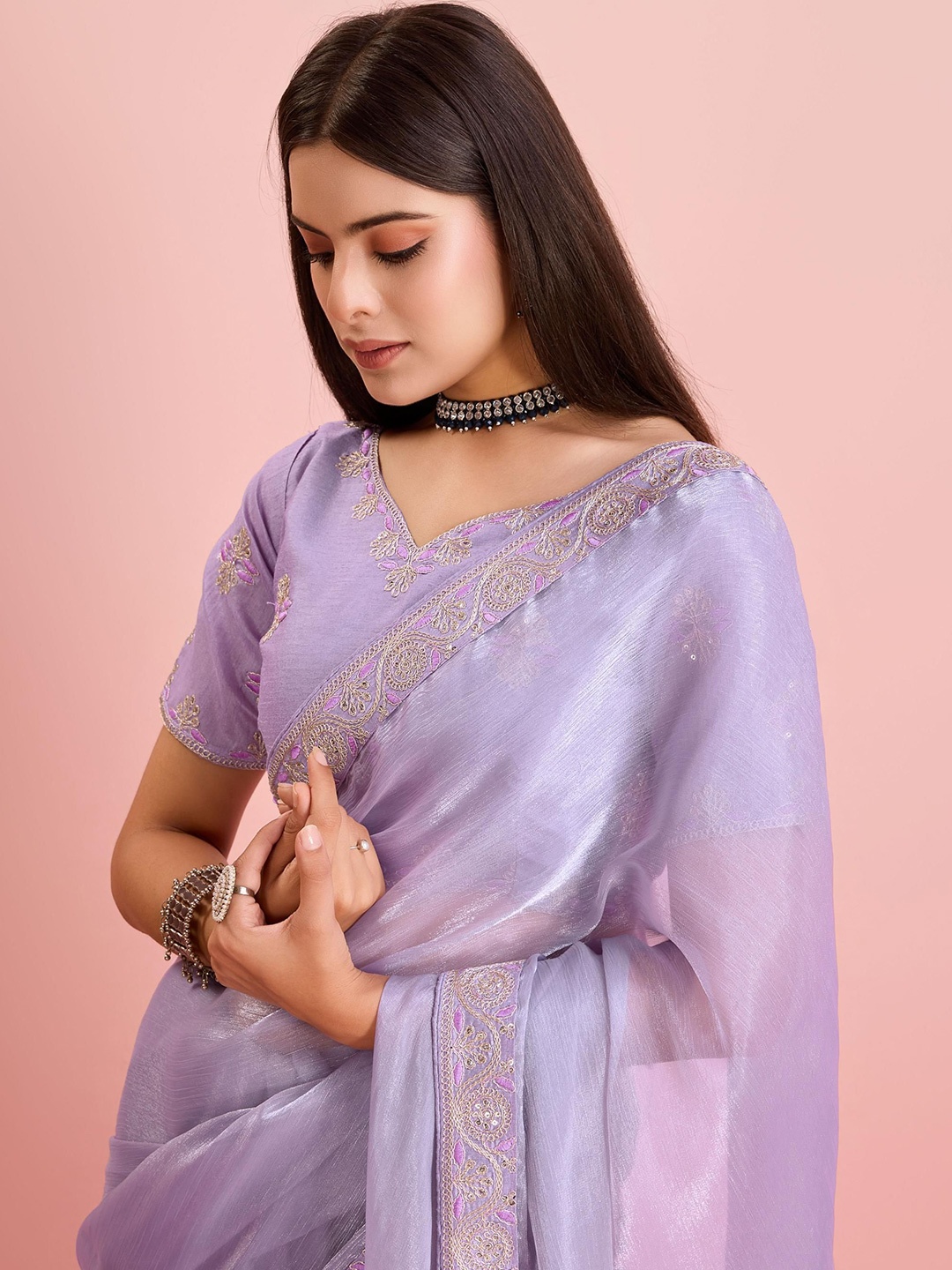 

HERE&NOW Embroidered Ready to Wear Saree, Lavender