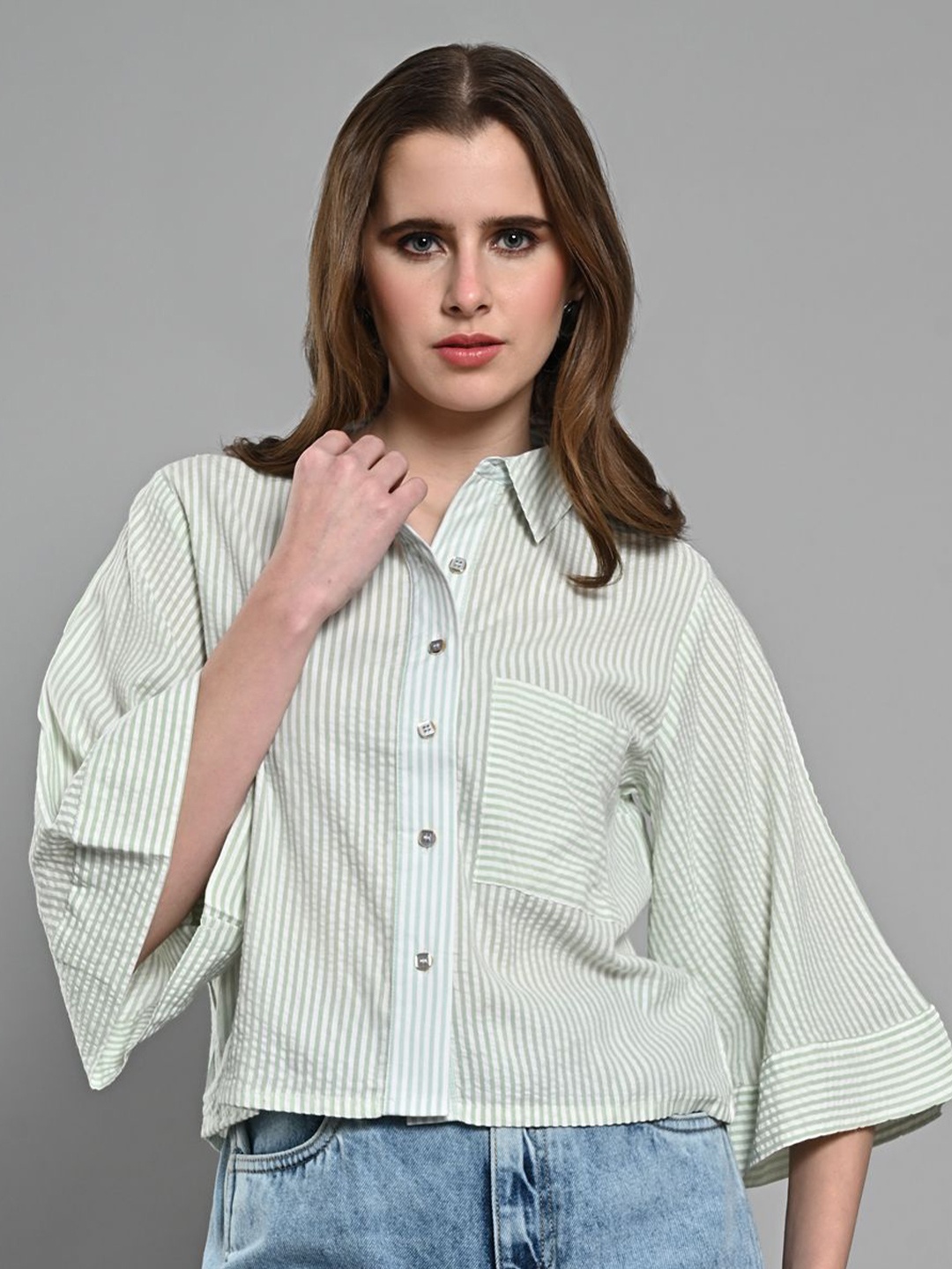 

IZEL Women Pinstripes Opaque Horizontal Striped Cotton Casual Shirt, Green