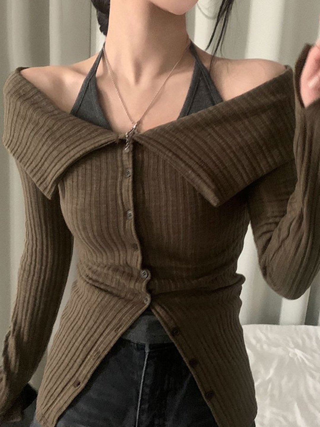 

LULU & SKY Striped Cold-Shoulder Top, Brown