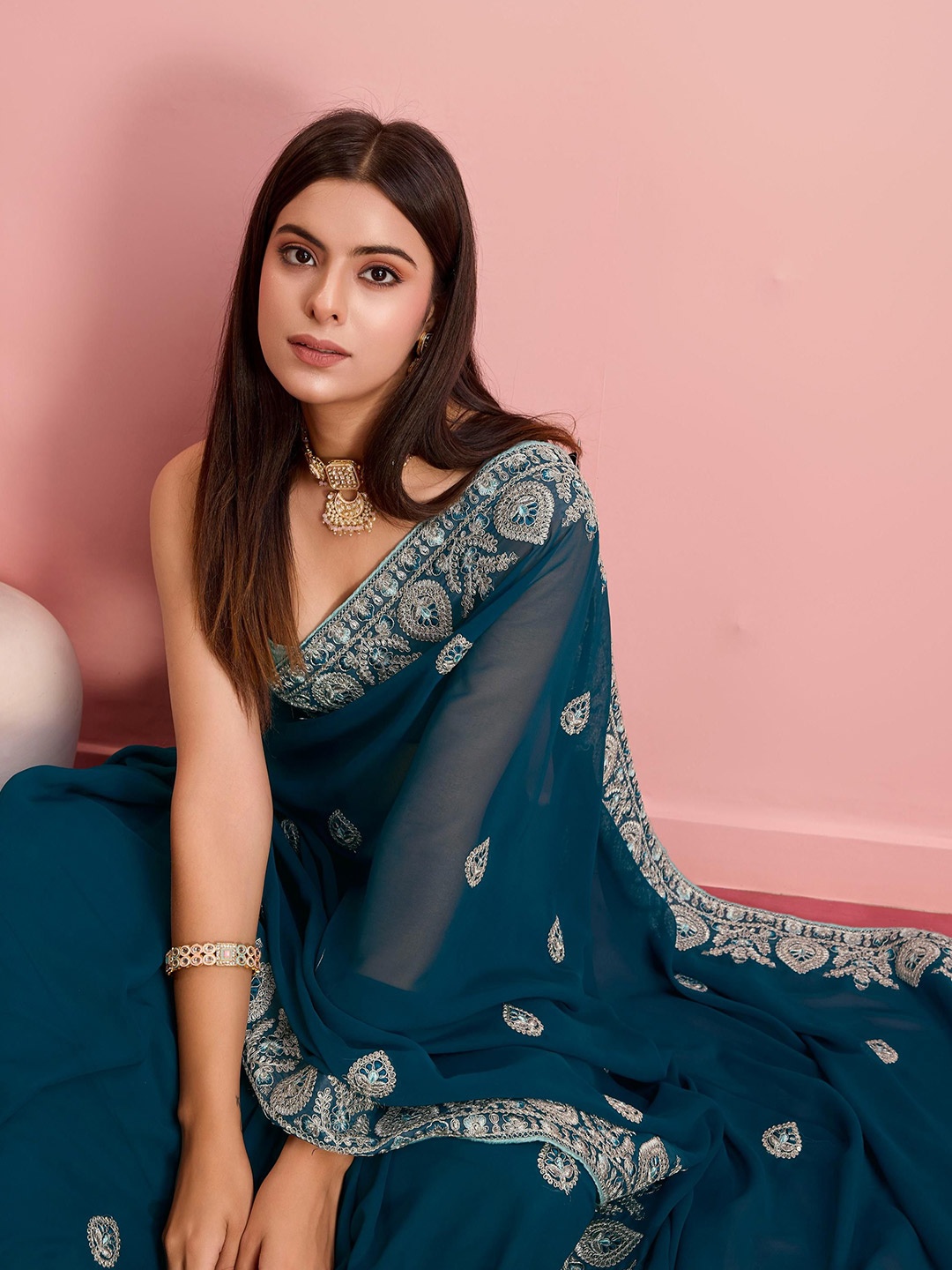 

HERE&NOW Sequinned Ready to Wear Saree, Teal