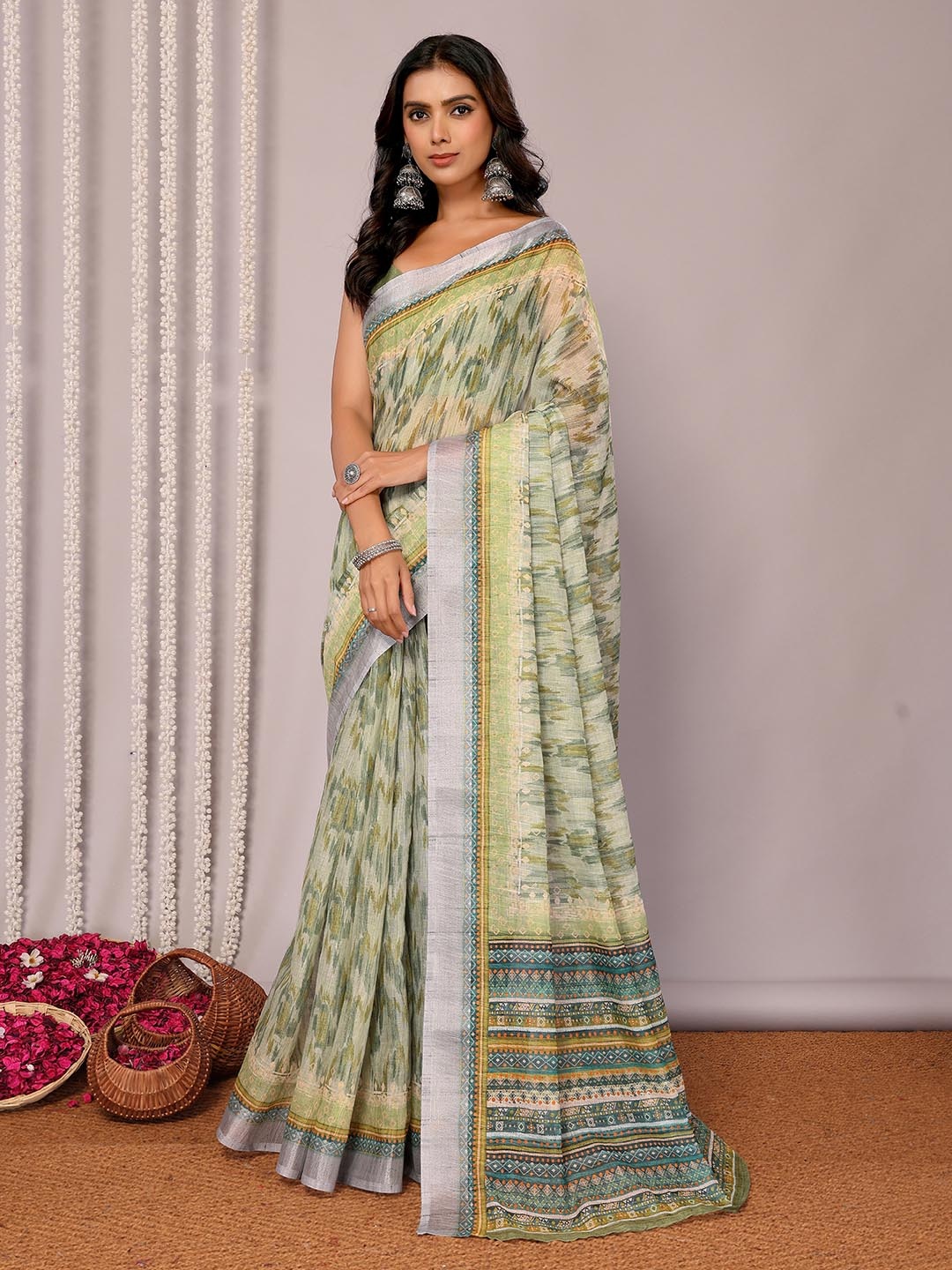 

KALINI Women Sage Green Linen Blend Abstract Printed Daily Wear Saree with Blouse Piece