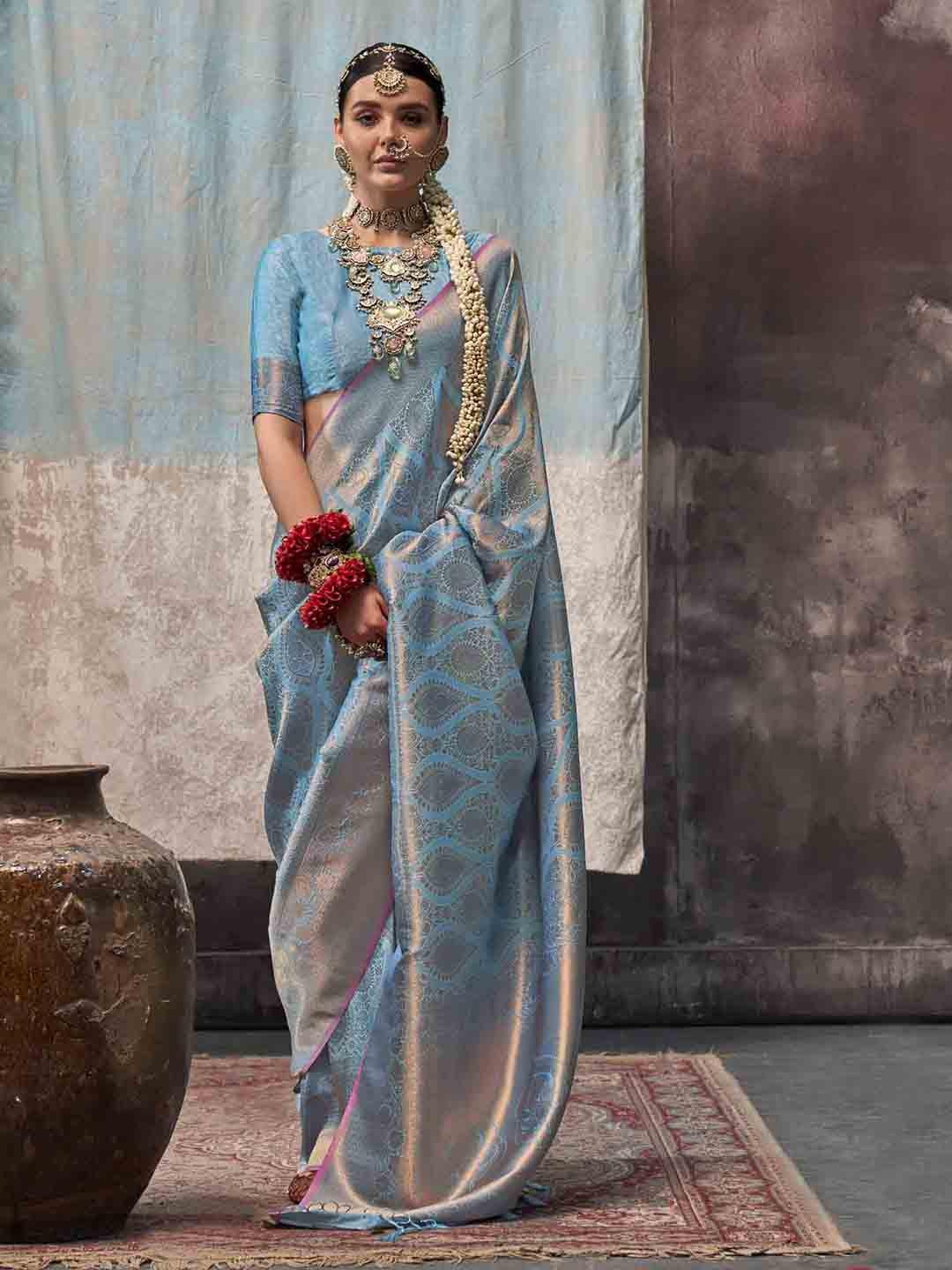 

Mitera Woven Design Zari Silk Blend Saree, Blue