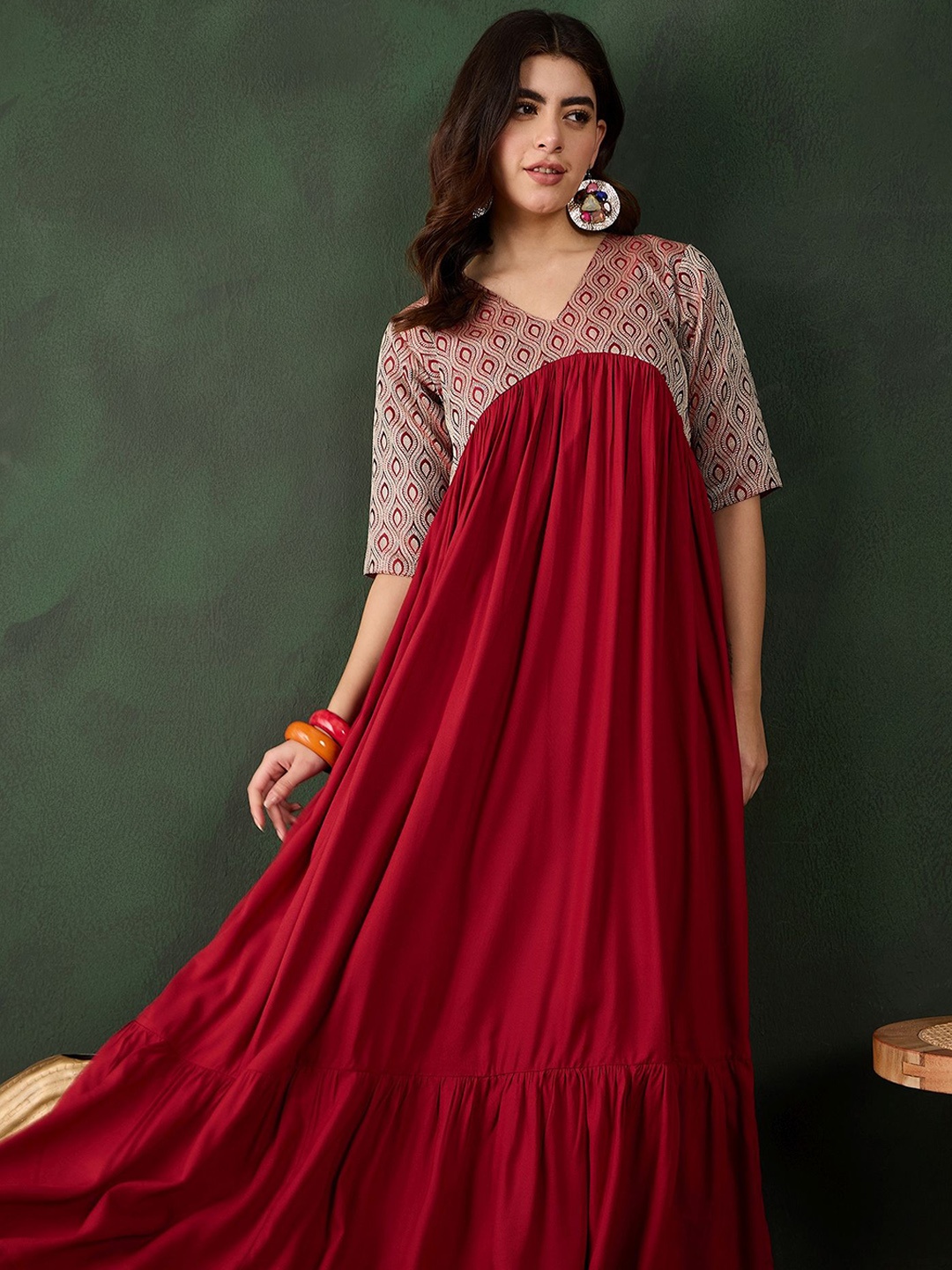 

Sangria Woven Design V-Neck Ethnic Dress, Maroon
