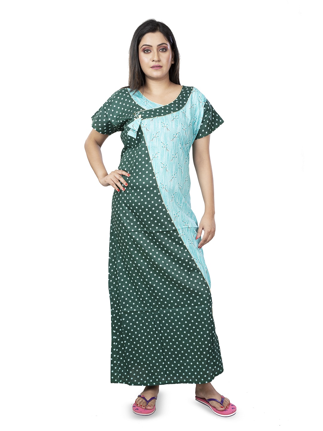 

Laa Calcutta Women Printed Pure Cotton Maxi Nightdress, Green