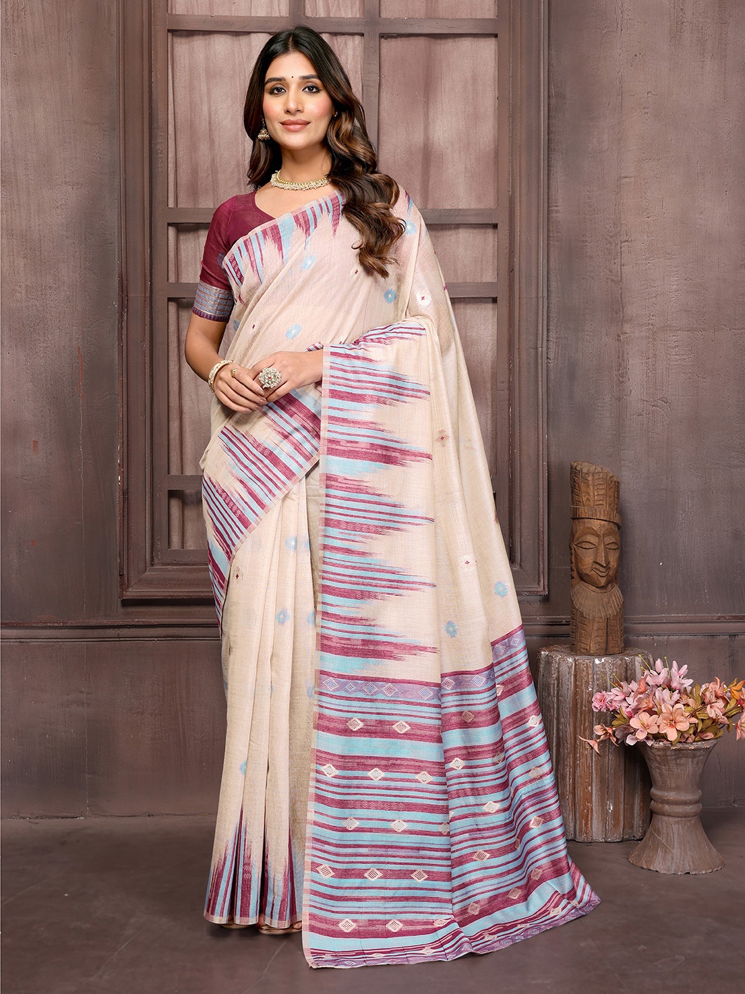 

KALINI Women Chanderi Geometric Woven Saree With Blouse Piece, Beige