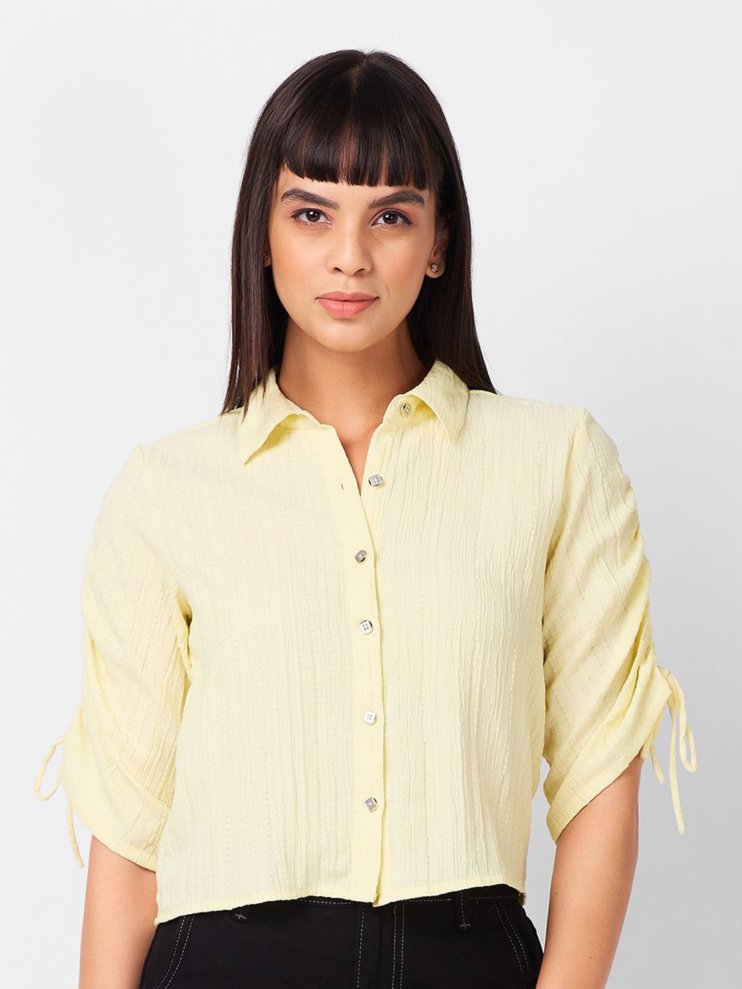 

IZEL Women Self Design Lace-Up Shirt Style Casual Top, Yellow