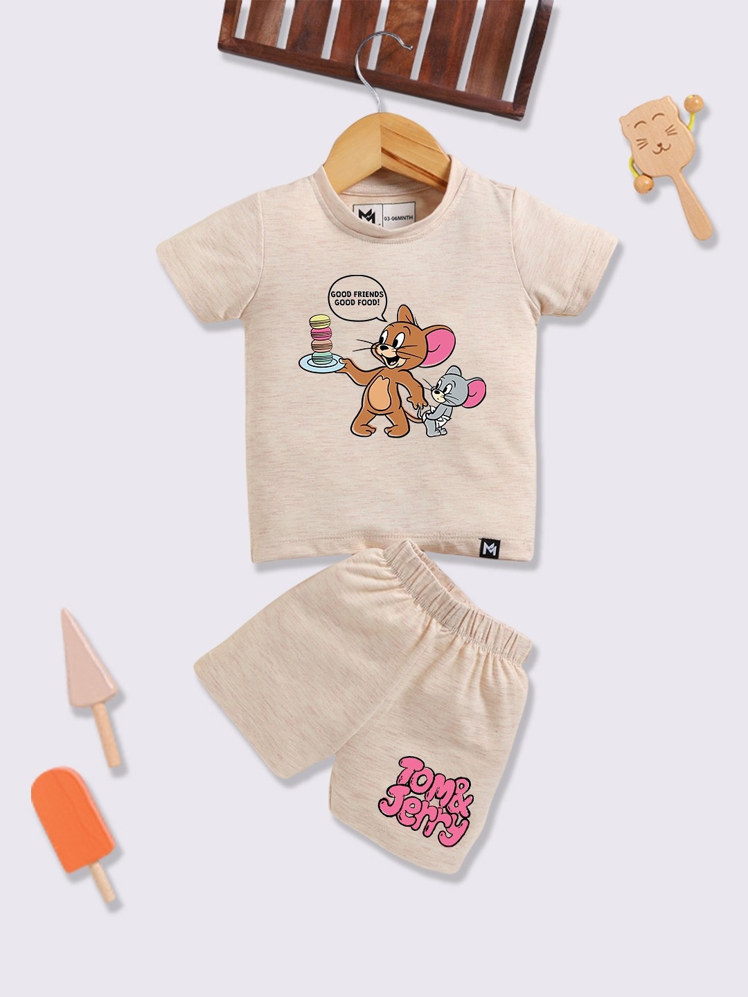 

YK X Minute Mirth Infants Girls Tom and Jerry Printed Top with Shorts, Beige