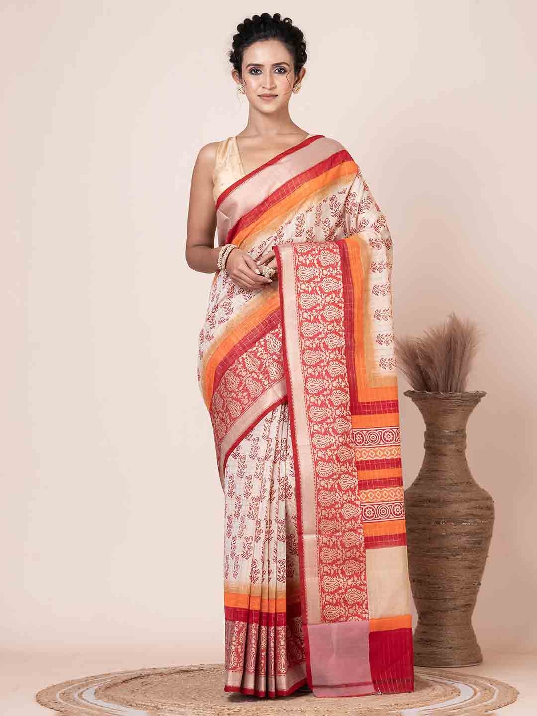 

VIBHAVARI Paisley Zari Silk Cotton Saree, Off white