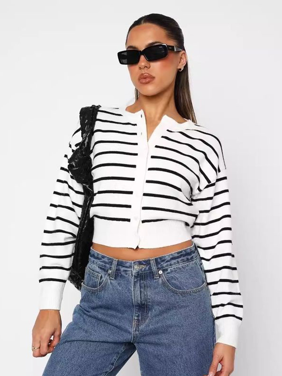 

LULU & SKY Women Striped Crop Cardigan, White