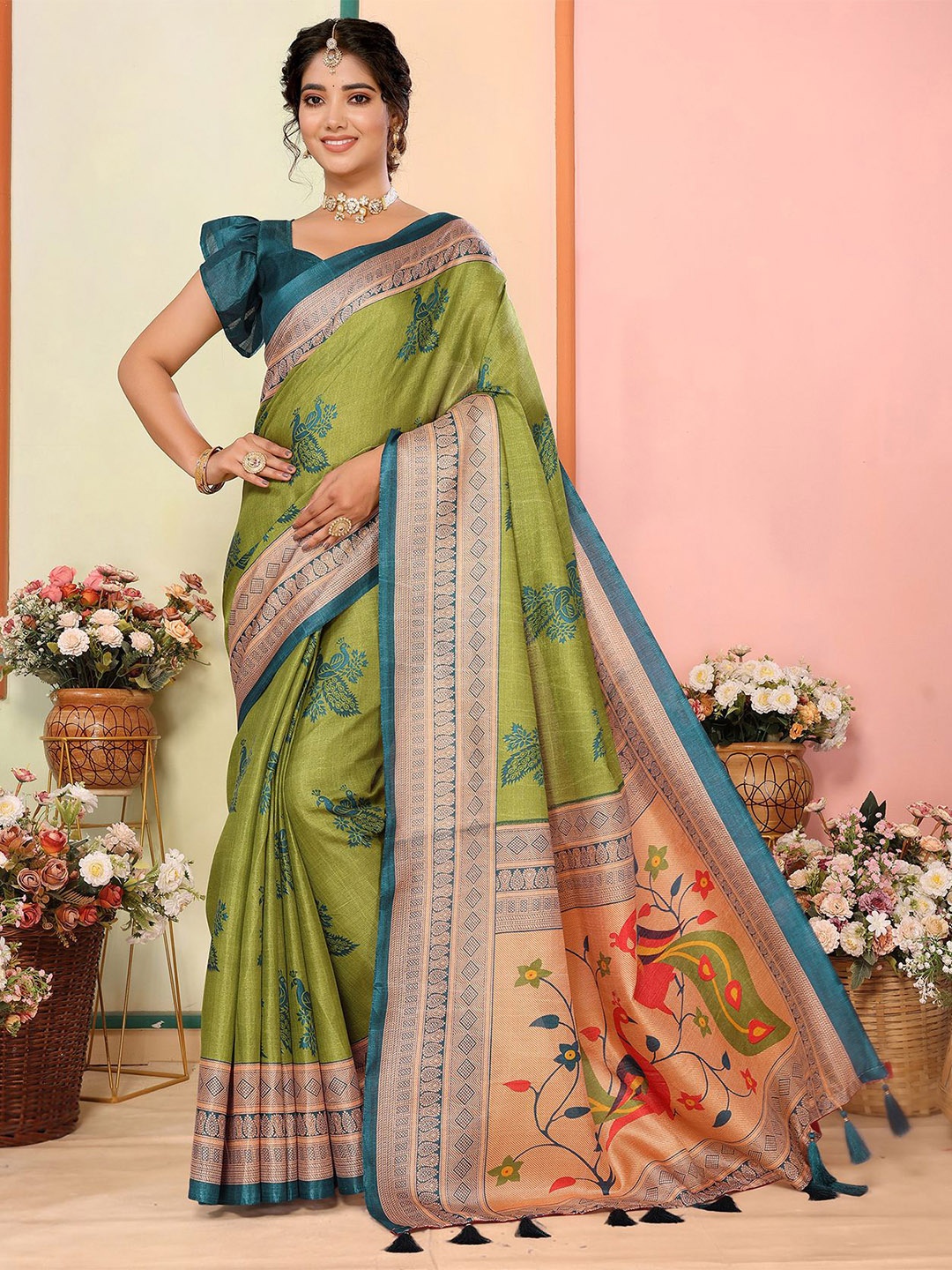

KALINI Woven Design Zari Art Silk Fusion Saree, Green