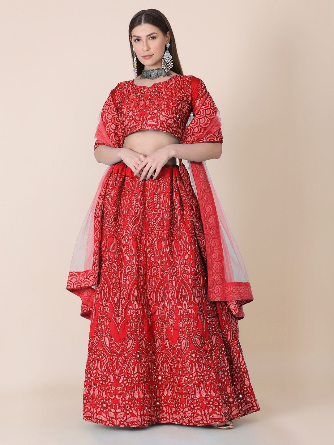 

Warthy Ent Embroidered Thread Work Semi-Stitched Lehenga & Unstitched Blouse With Dupatta, Red