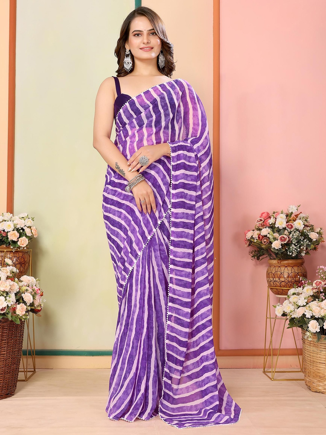 

HERE&NOW Ready to Wear Leheriya Saree, Lavender