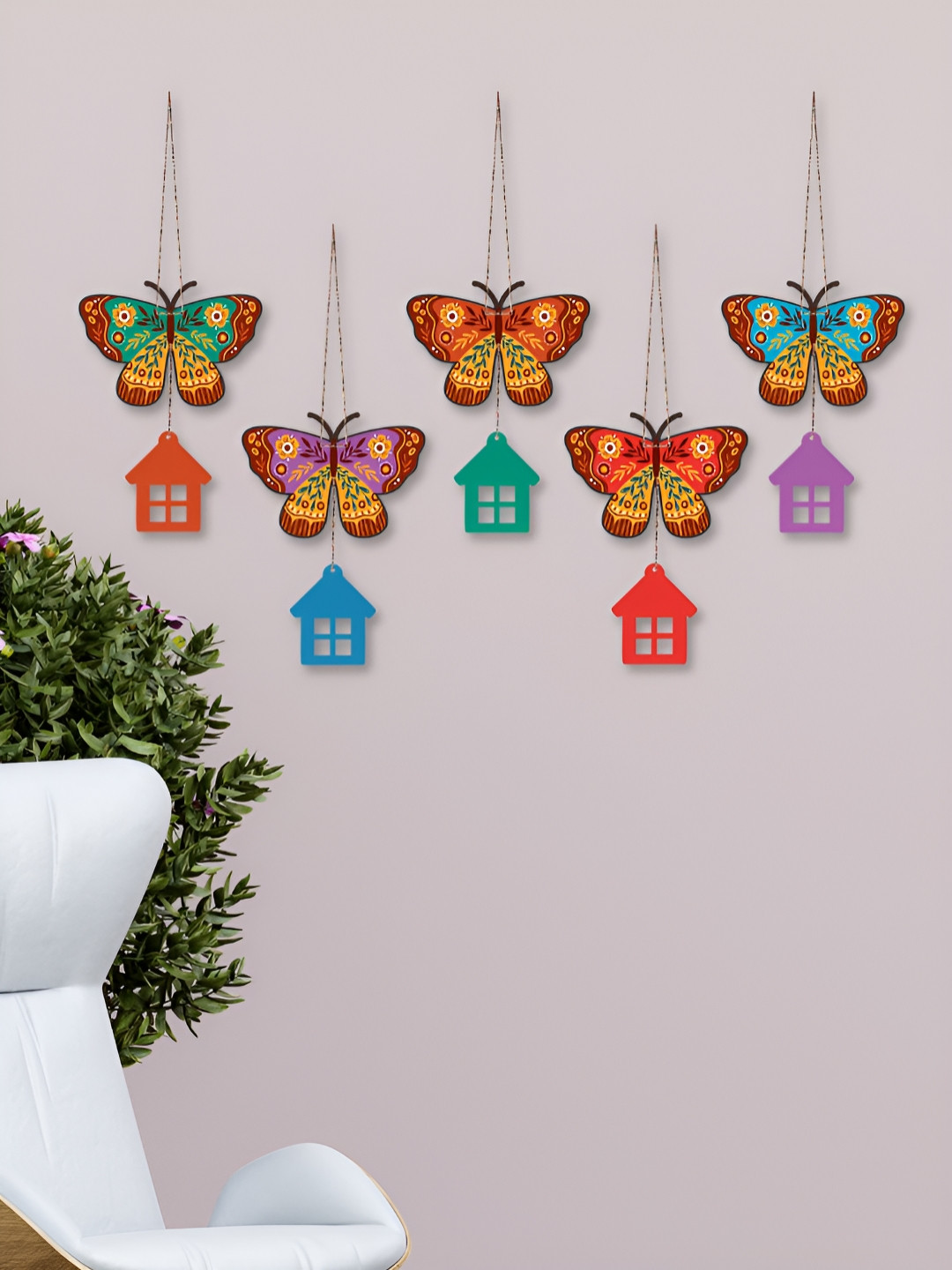 

ArtVibes 5Pcs Blue & Red Printed Wooden Wall Decor Hangings