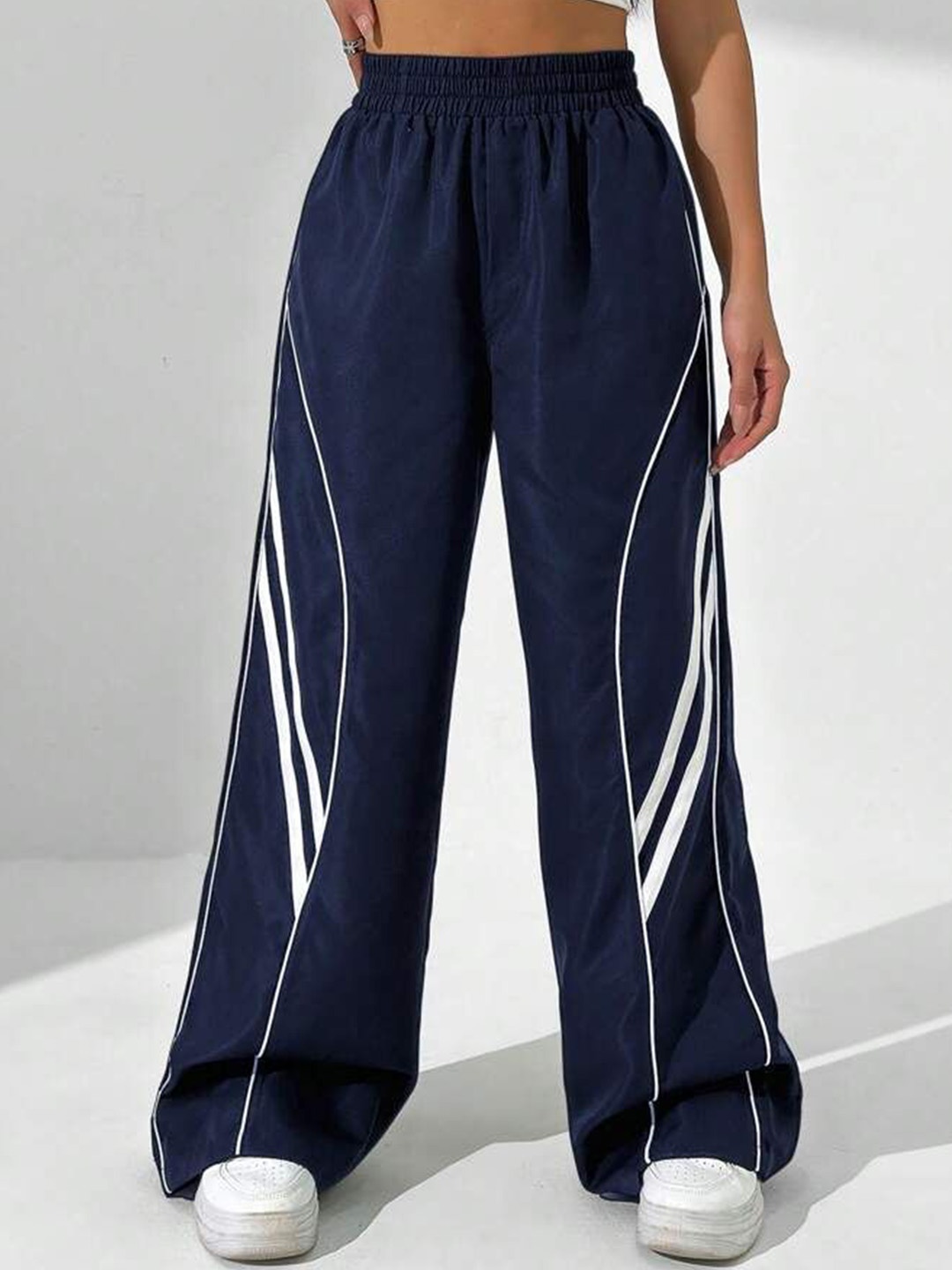 

TABADTOD Women Striped Relaxed Loose Fit Trousers, Navy blue