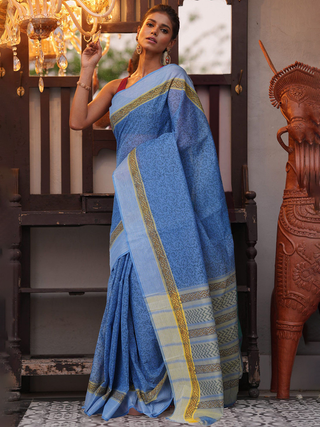 

Unnati Silks Ethnic Motifs Pure Cotton Mangalagiri Saree, Blue